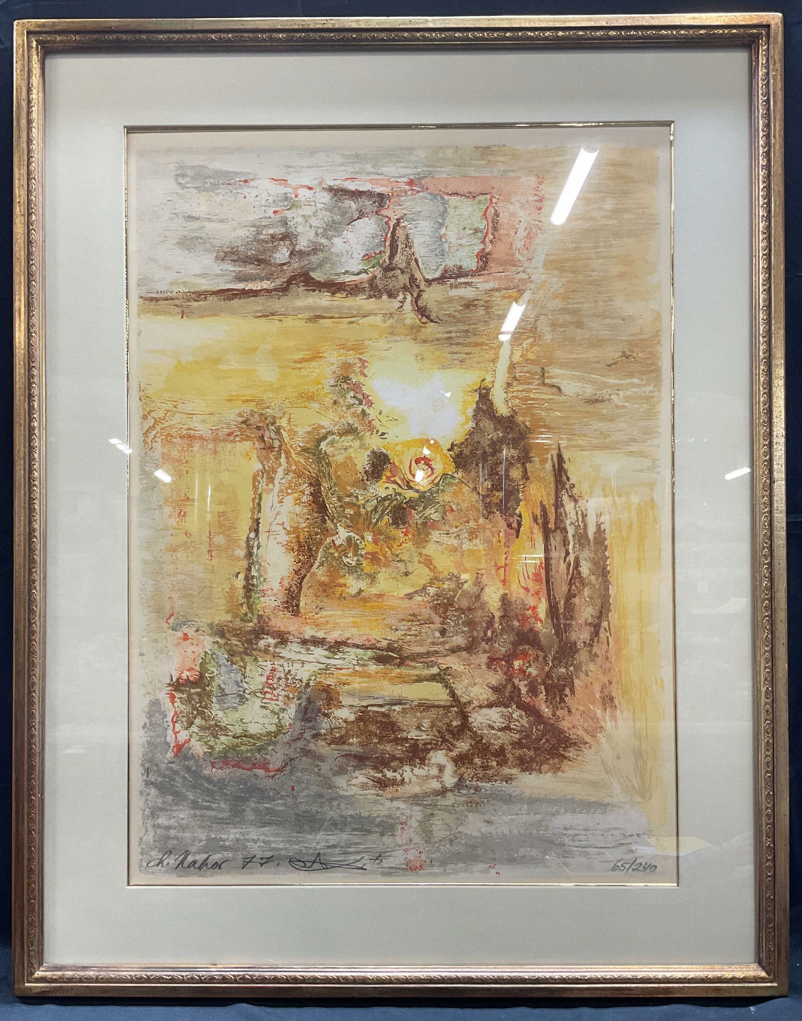Signed Chaim Nahor (Israel) Abstract Print Ltd Edt: Framed, signed, and numbered print of an original oil painting by Chaim Nahor (Israeli, 1914-1993). Abstract composition in organs, brown, and red. Signed and dated 1977 at lower left, edition number