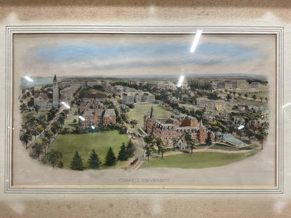 Antq Richard Rummell Cornell University Engraving: Antique c. early 20th century framed colored engraving by Ruchard Rummell. From Rummells college campus series. Plate from original water color painting. Engraving is hand colored. Artist signature in