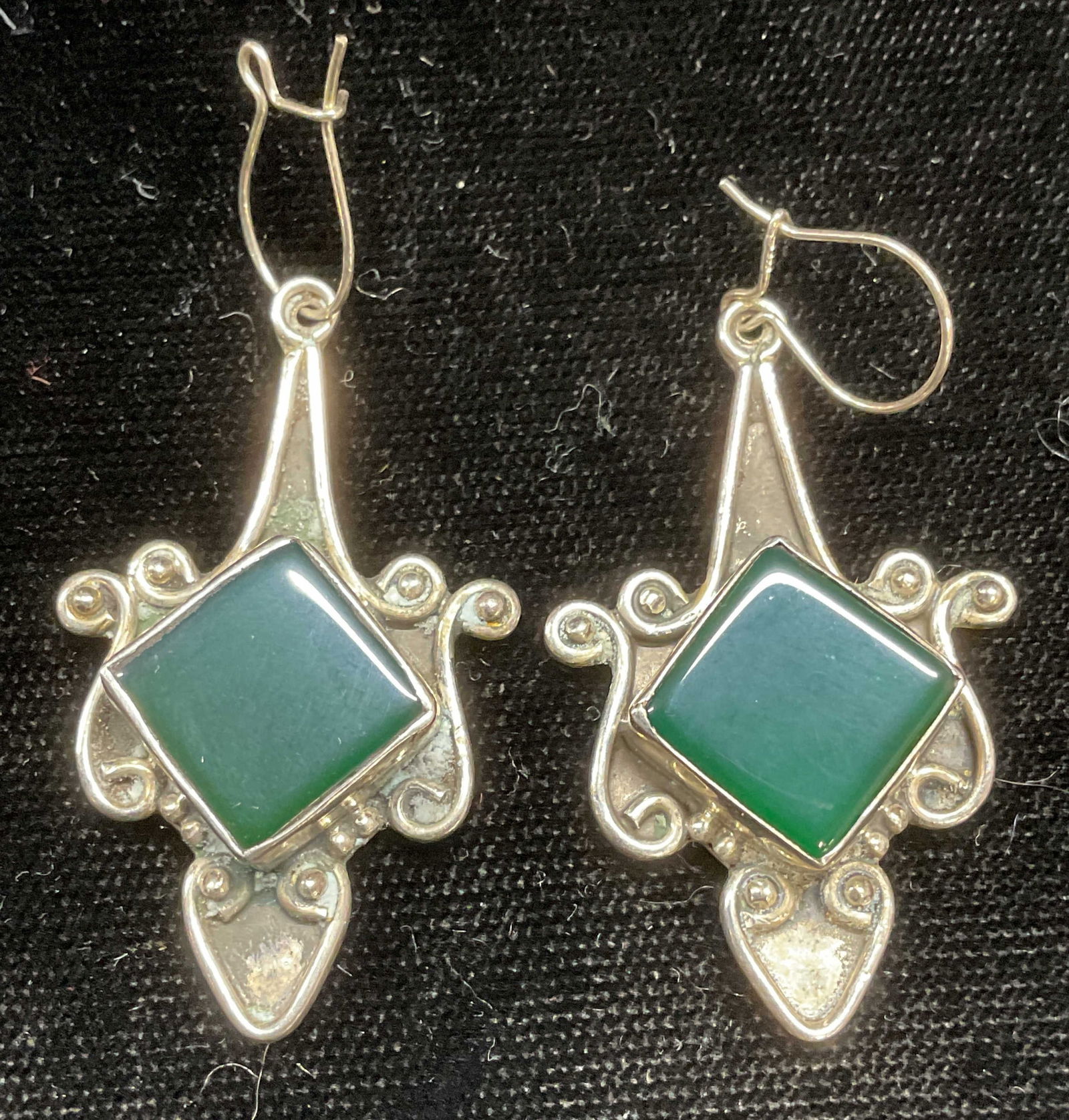 Vintage Sterling Silver Filigree Nephrite Earrings (1 of 6)