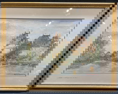 Signed Michael Duffet French Chateau Watercolor: Signed and framed Michael Duffet watercolor painting on paper. Titled Chateau a Bazouges Sur Le Loir. Signed on lower right, dated 1998. View of a home with pond and bridge. Framed and matted in gilt