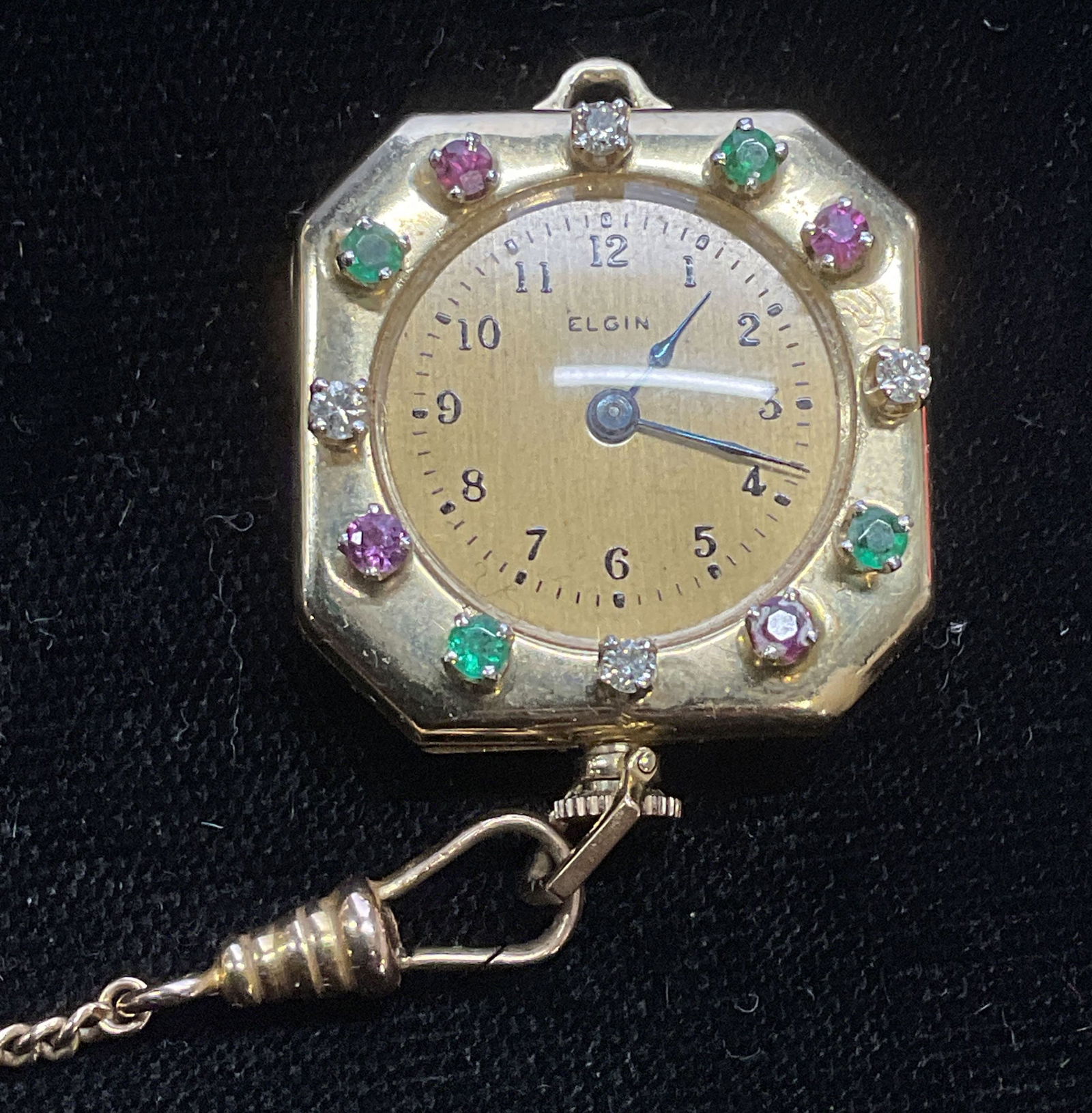 ELGIN 14K GOLD DIAMOND WATCH Necklace, 10K CHAIN (1 of 6)