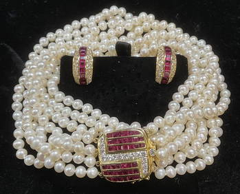 18K GOLD DIAMOND RUBY PEARL NECKLACE & EARRINGS (1 of 9)