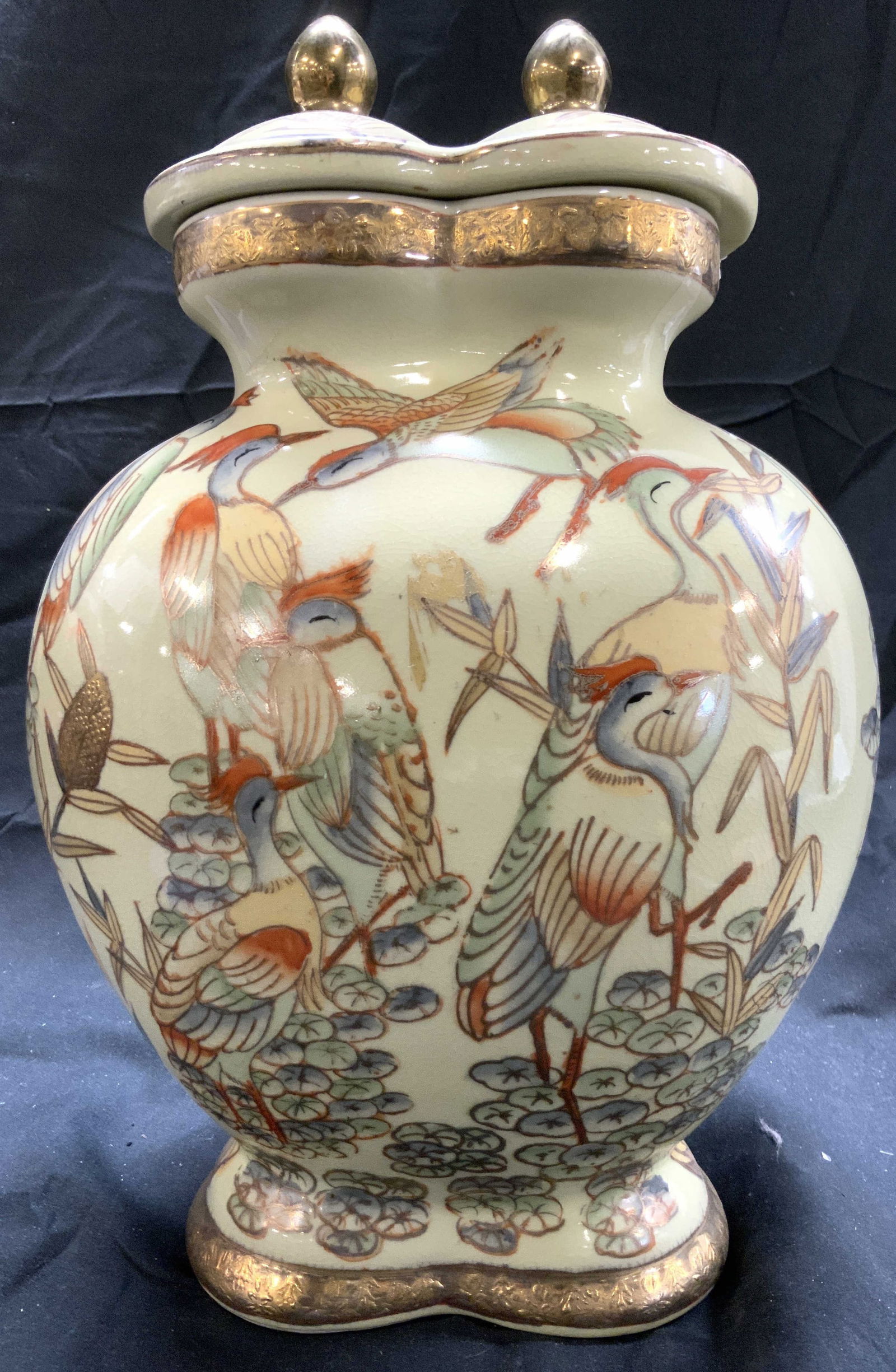 Atq Hand Painted Asian Urn W Crane Detail & Lid: Urn is hand painted. Piece has intricate multi toned crane & floral & leaf detail. Urn includes lid. Piece has gilt detail. Urn appears to be antique possibly vintage. Urn measures approximately 13.5