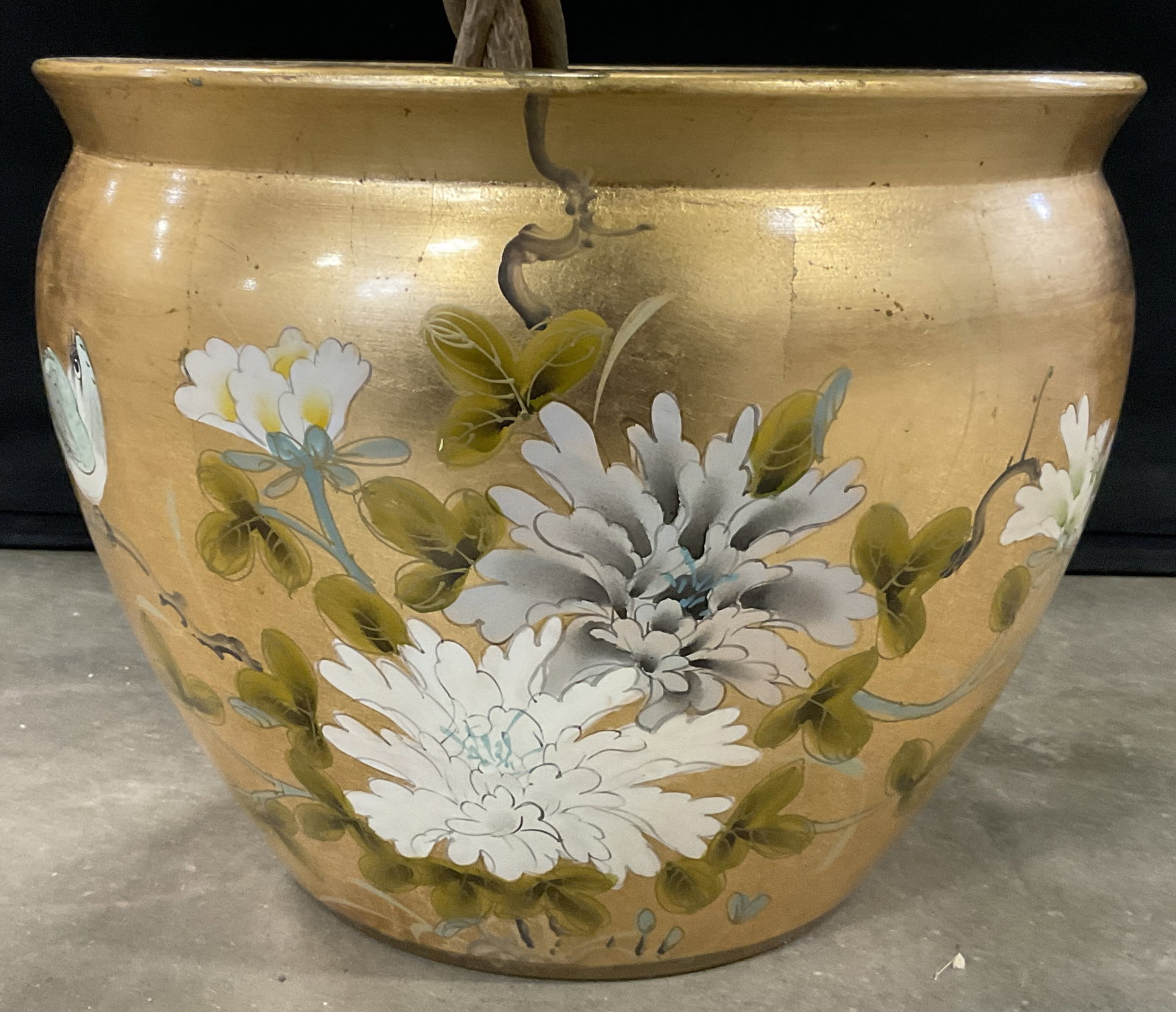Vntg Asian Porcelain Gilt Floral Fishbowl Planter: Vintage Asian Porcelain Hand Painted Gilt Floral Fishbowl Planter. Bird, floral, and foliage designs throughout. Plant detritus to interior. Planter measures approx. 12.5W x 9.75H in. Stickers to unde
