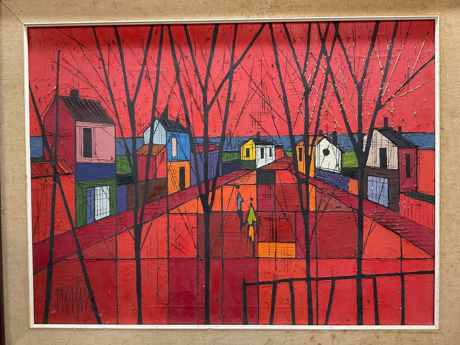 Signed Jean Nerfin Red Town Abstract Oil Painting (1 of 7)