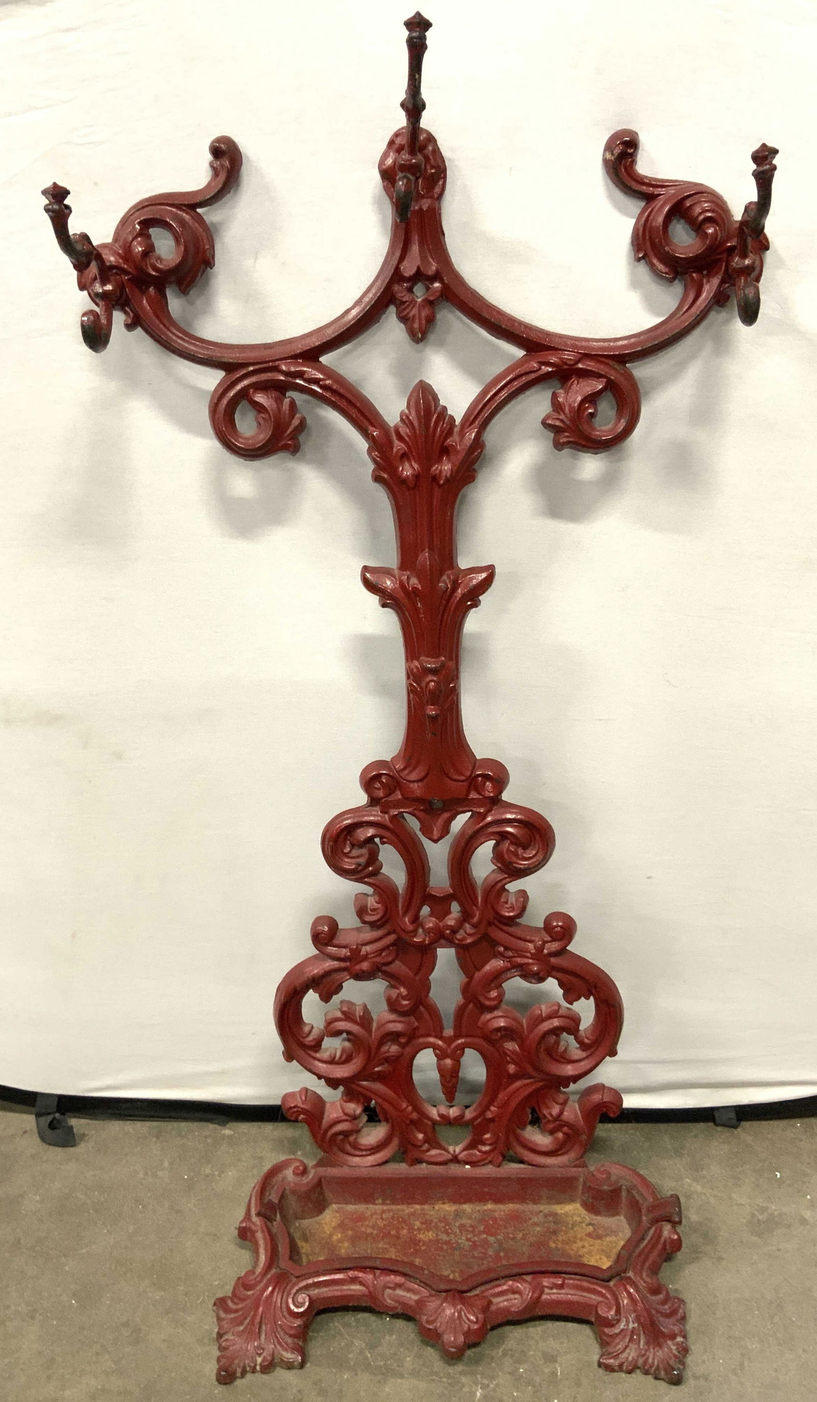 Antique Ornate Wrought Iron Hall Tree Red 54in H (1 of 8)