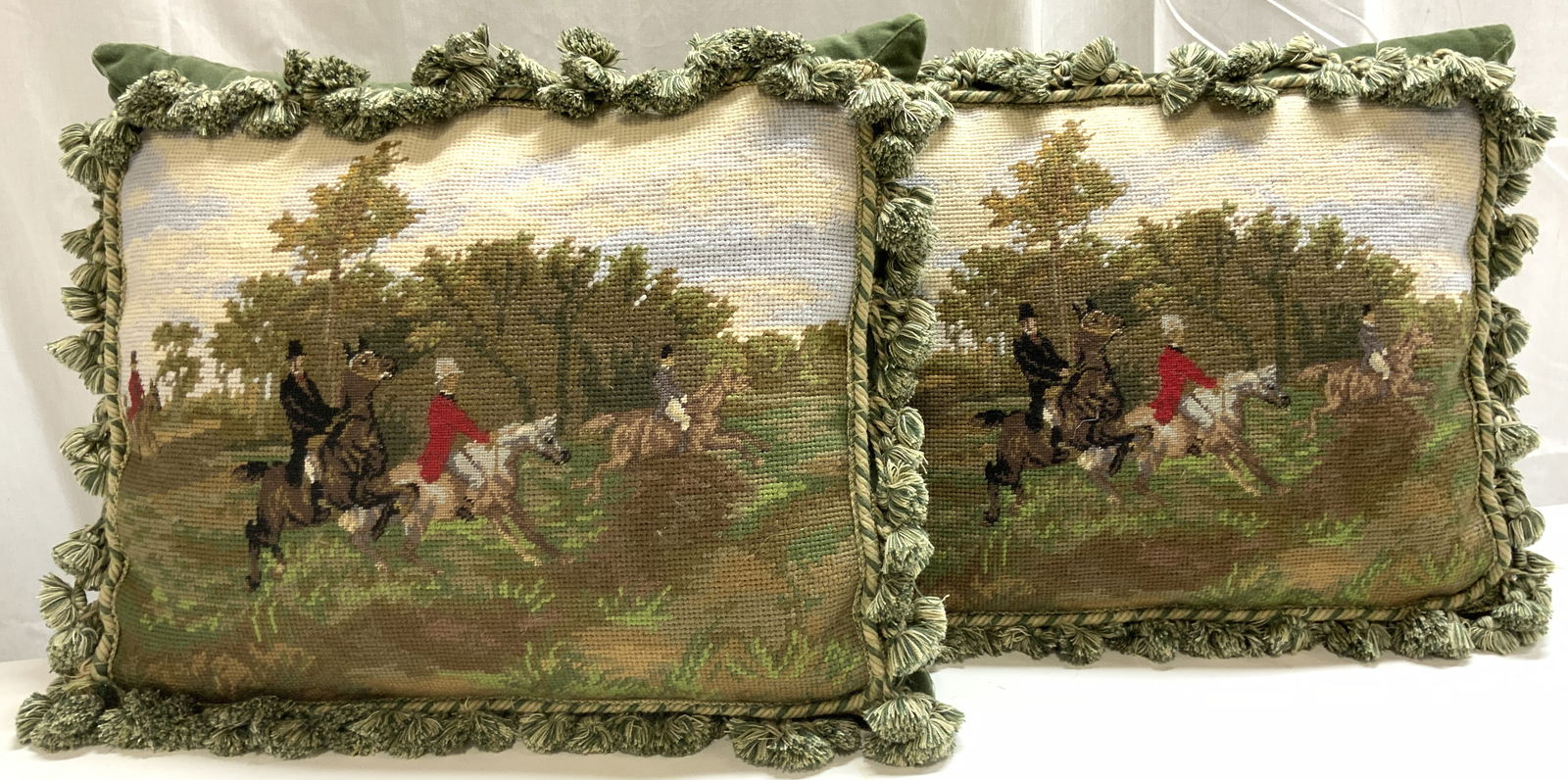 Vtg Custom Made Needlepoint Fox Hunt Pillows W (1 of 8)