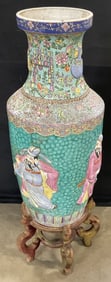 Vtg Sig Asian Hand Painted Porcelain Vase W/ Stand 32in