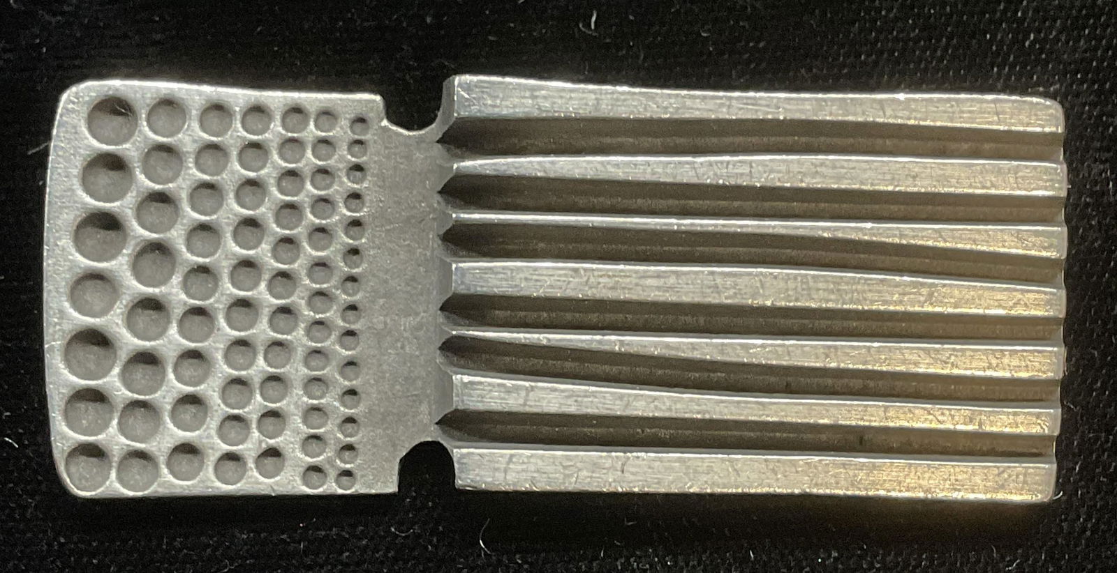 Vtg R Tenn Sweden Pewter Modernist Brooch: Vintage Rune Tennesmed pewter modernist brooch. Dot and line design. Piece has weight. Signed on underside, R Tenn. made in Sweden. Measures approx 2.25 x 1 inches. Some wear including scratching obse