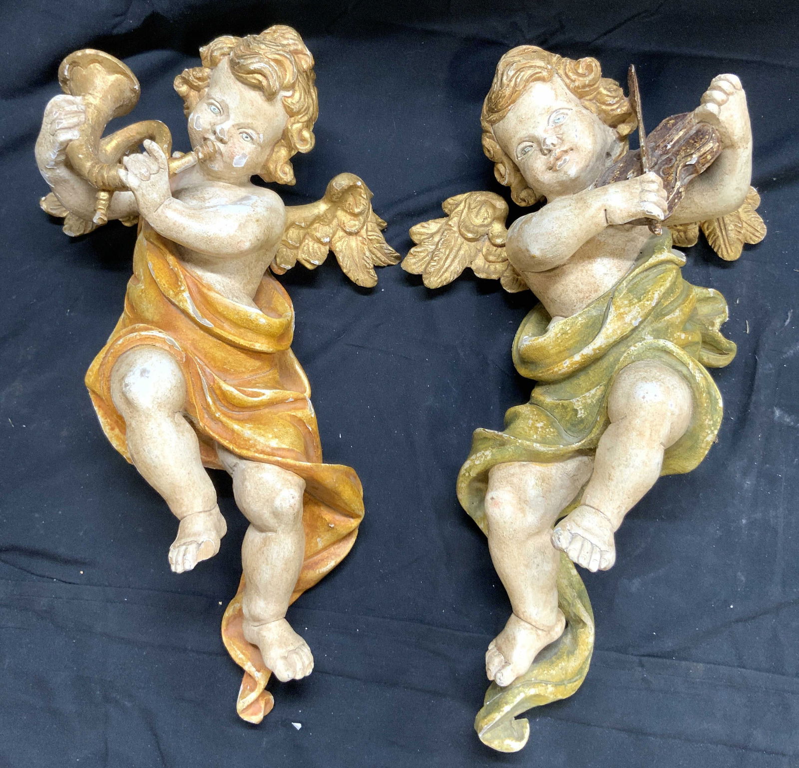 Pr Hanging H Painted & Carved Wood Cherubs (1 of 8)