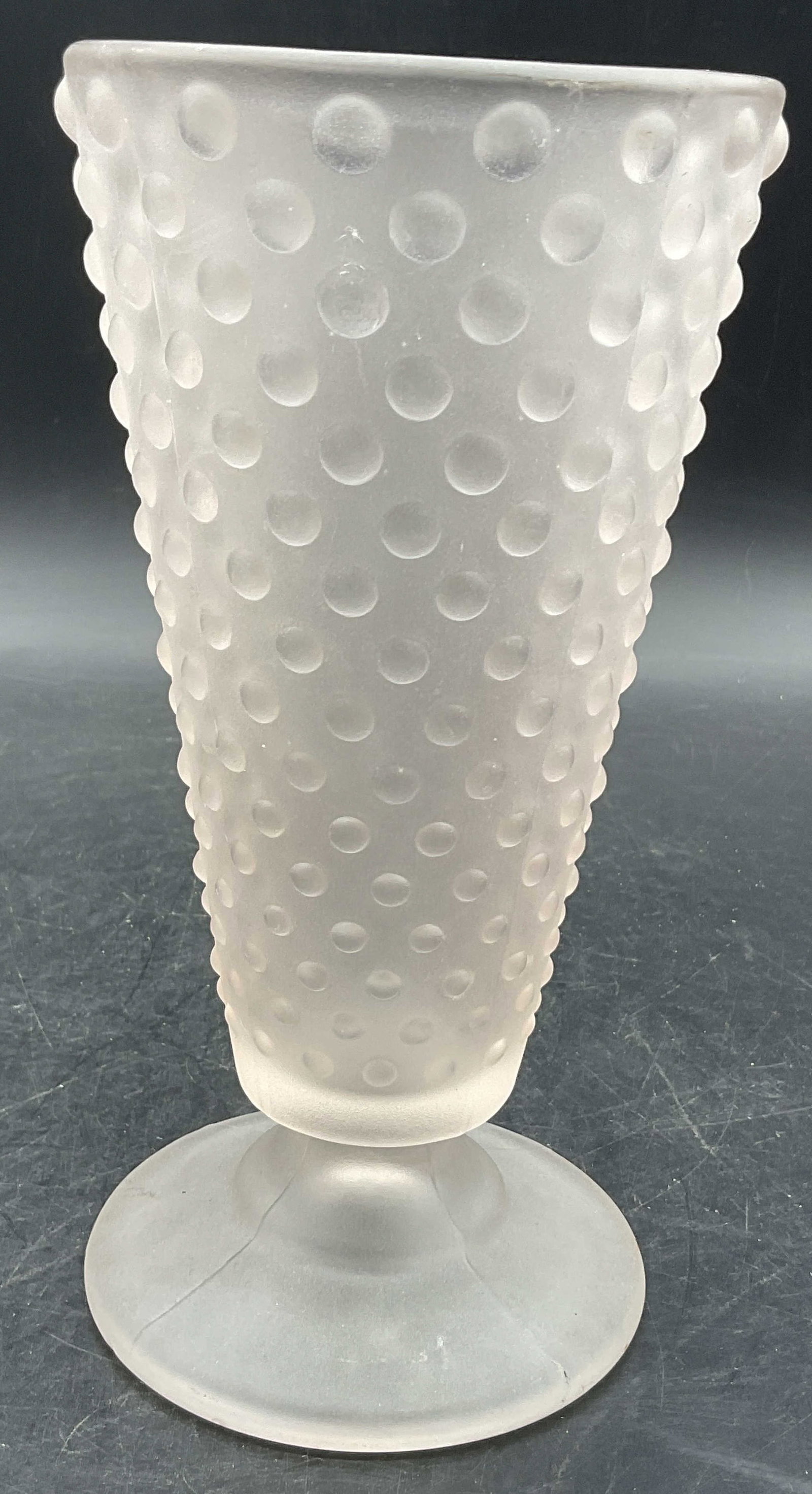 Vintage Frosted Pink Hobnail Glass Vase: Vintage Frosted Light Pink Hobnail Glass Vase. Measures approx. 8H x 4W in. Seam present. Surface wear consistent with age, use, and exposure. home decor, home accents, homewares, housewares, home acc