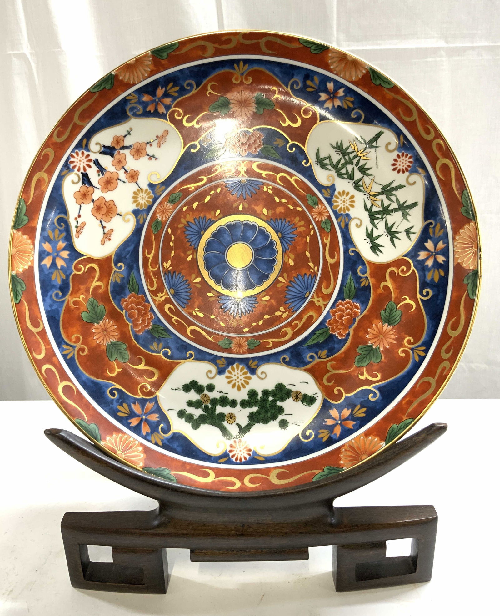 Signed Vntg Asian Porcelain Plate W Wooden Stand (1 of 11)