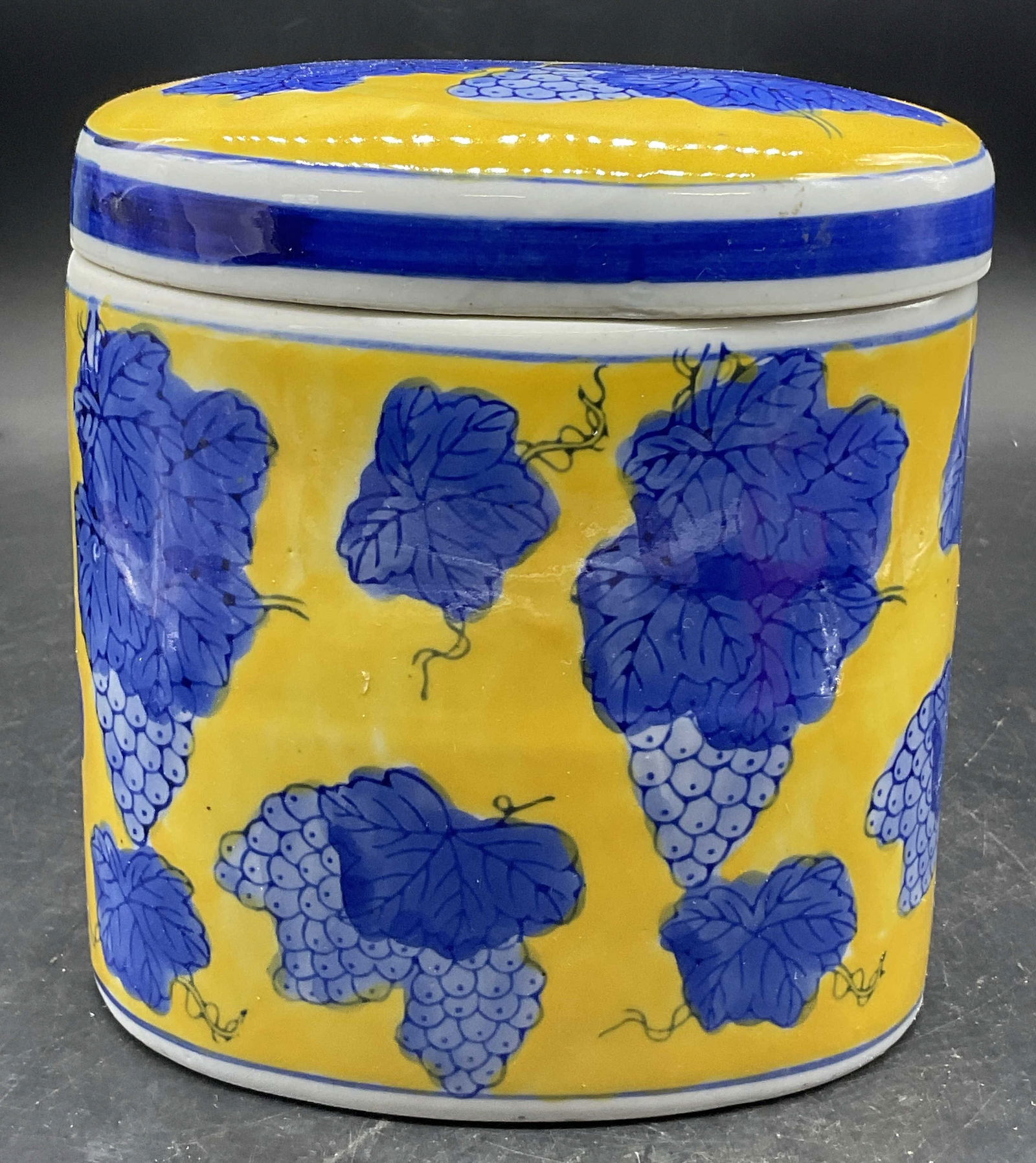 Vntg Blue & Yellow Grape Motif Ceramic Vessel, Lid (1 of 7)