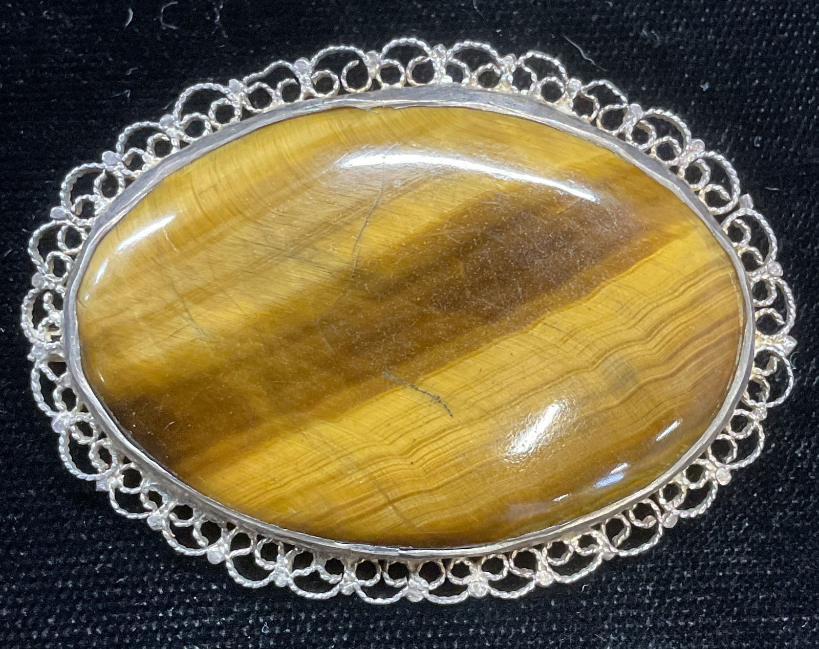 Vtg Sterling Silver Filigree Tigers Eye Brooch (1 of 6)