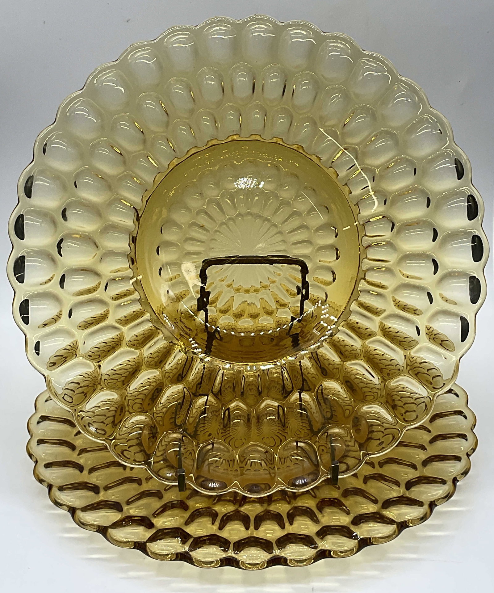 Pair Vintage Amber Thumbprint Glass Plates: Pair Vintage Amber Thumbprint Glass Plates. Measures approx. 8.5L x 8.5W in. Surface wear consistent with age, use, and exposure. home decor, home accents, homewares, housewares, home accessories, col