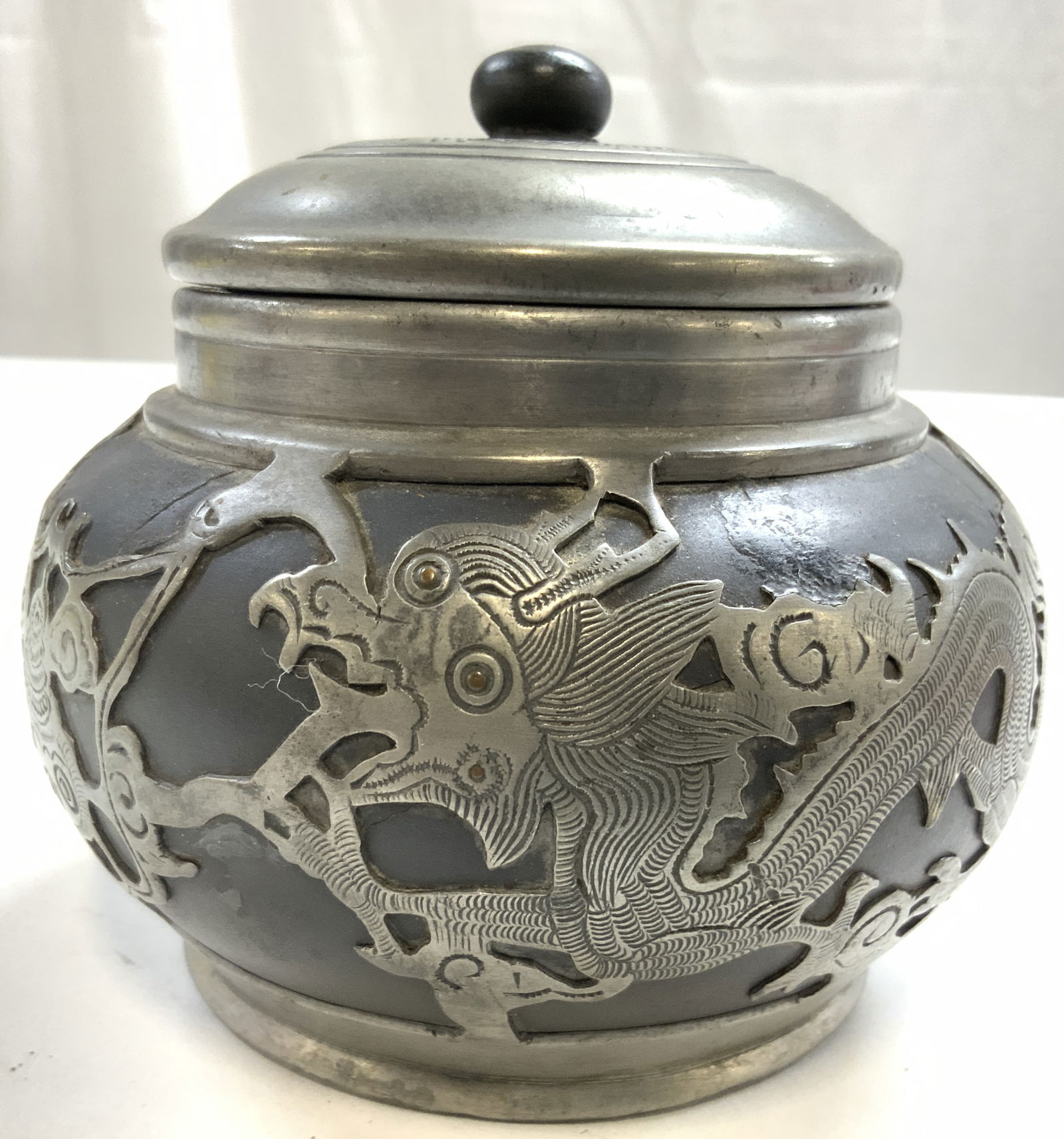 Signed Vtg Asian Ceramic & Pewter Dragon Jar W Lid (1 of 8)