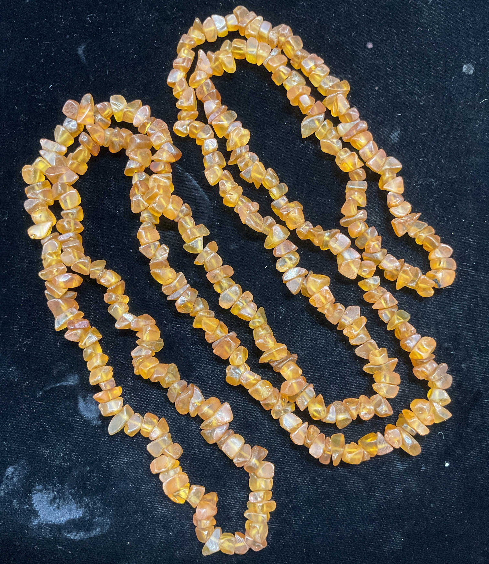 Vintage Amber Beaded Necklace, 34 In: Vintage opaque golden matte amber chip beaded necklace. Drop length approx 34 inches. Some wear including scratching and chipping observed. Jewelry, estate jewelry, costume jewelry, fashion jewelry, c