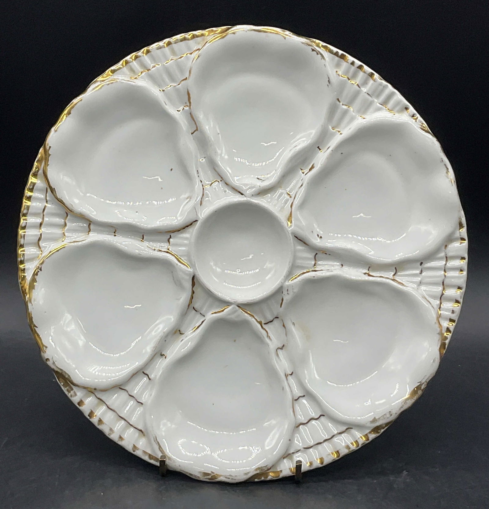Signed Antique White & Gilt Ceramic Oyster Plate (1 of 7)