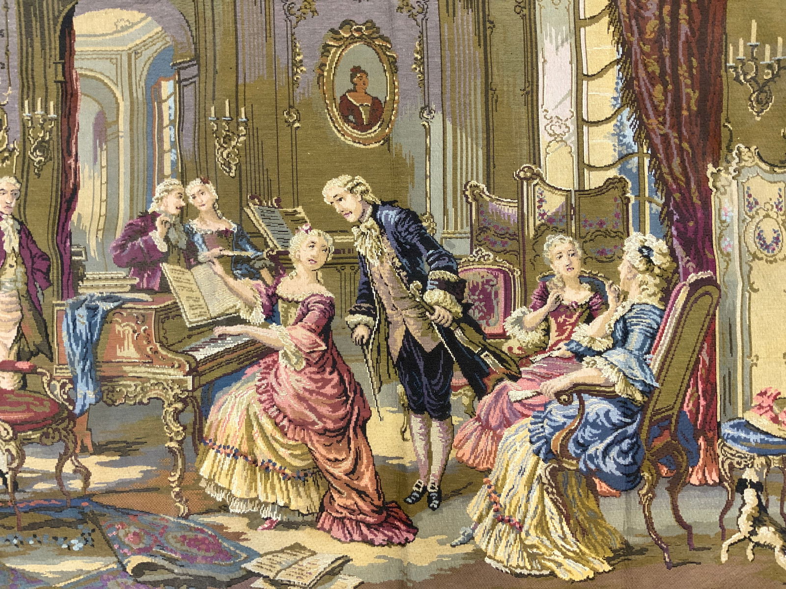Vtg French NddlPt Tapestry 18thC MusicParlour 54in (1 of 8)