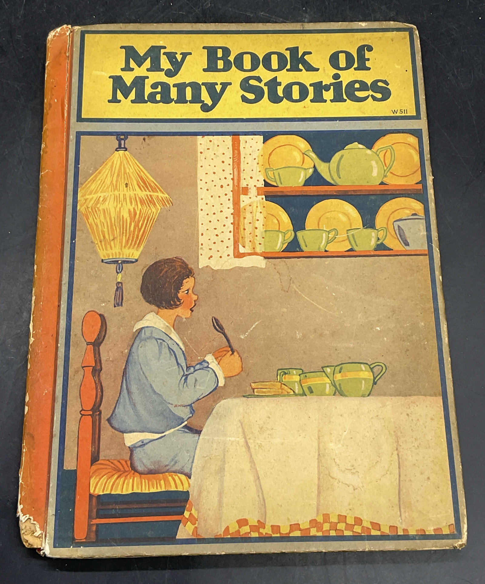 1928 MY BOOK OF MANY STORIES Ilstr Childrens Book: C. 1928 MY BOOK OF MANY STORIES Illustrated Childrens Book. Published by Whitman Publishing Co. Measures approx. 11L x 8W in. Losses, separation, discoloration, writing to interior, and surface wear p