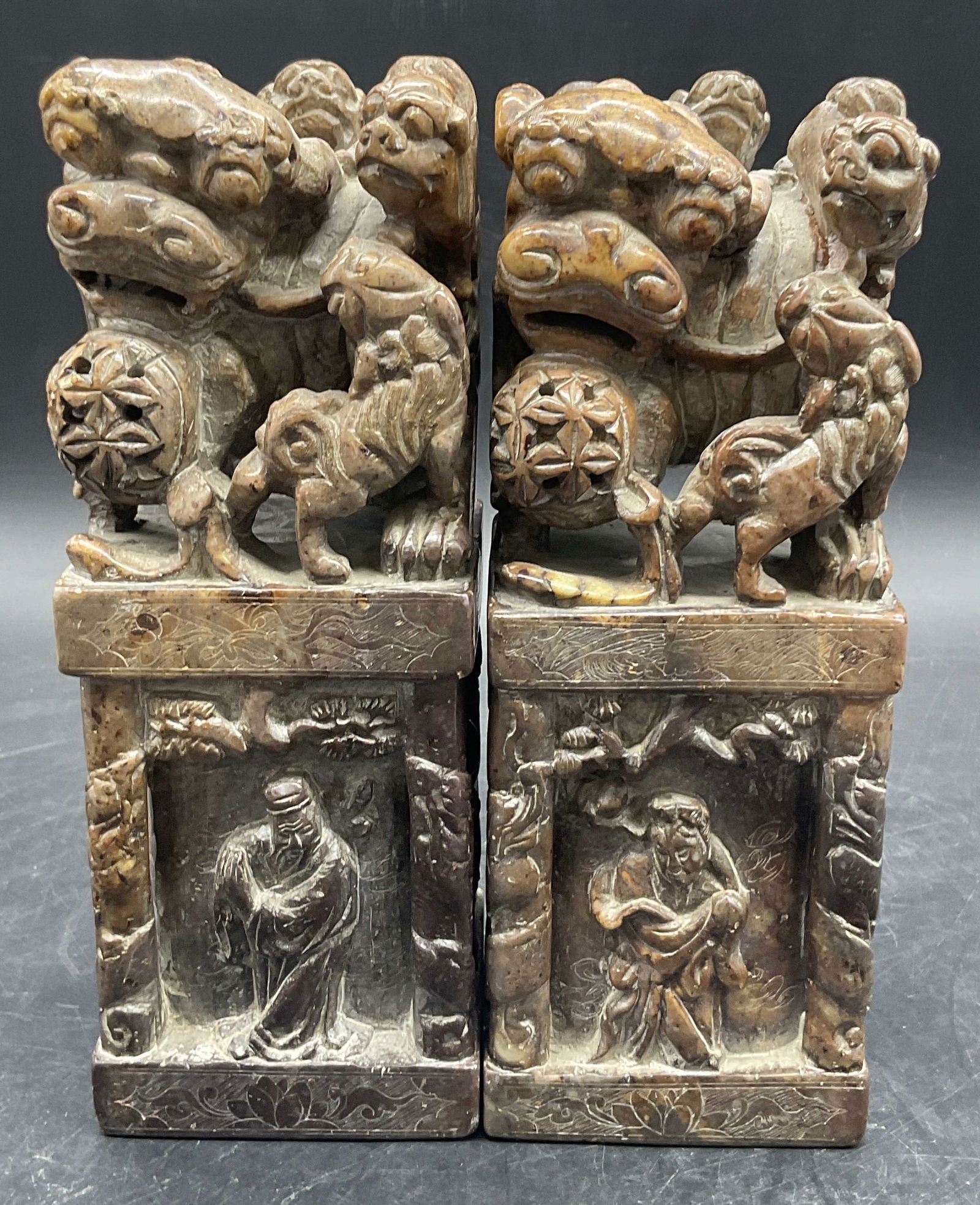 Pr Signed Asian Carved Stone Fu Dog Motif Bookends (1 of 9)