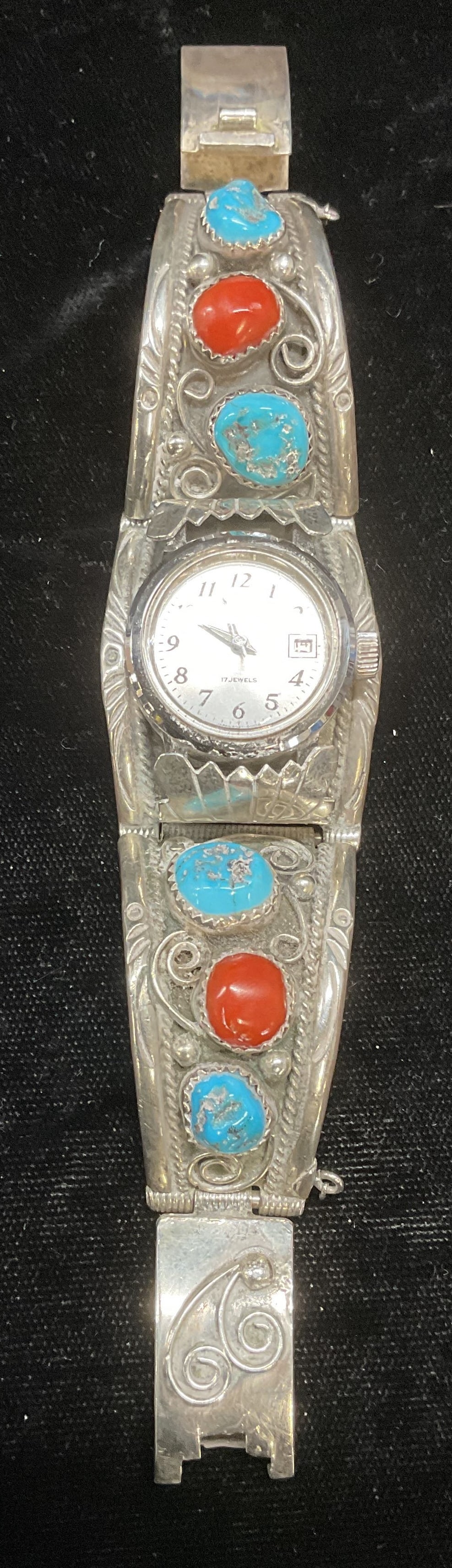 Sterling Silver Turquoise & Coral Lone Star Watch (1 of 7)