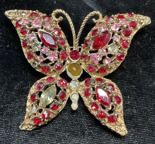 Gold Tone Red Crystal Butterfly Brooch