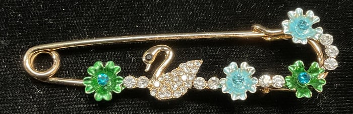 Gold Tone Crystal Swan Flower Safety Pin Brooch