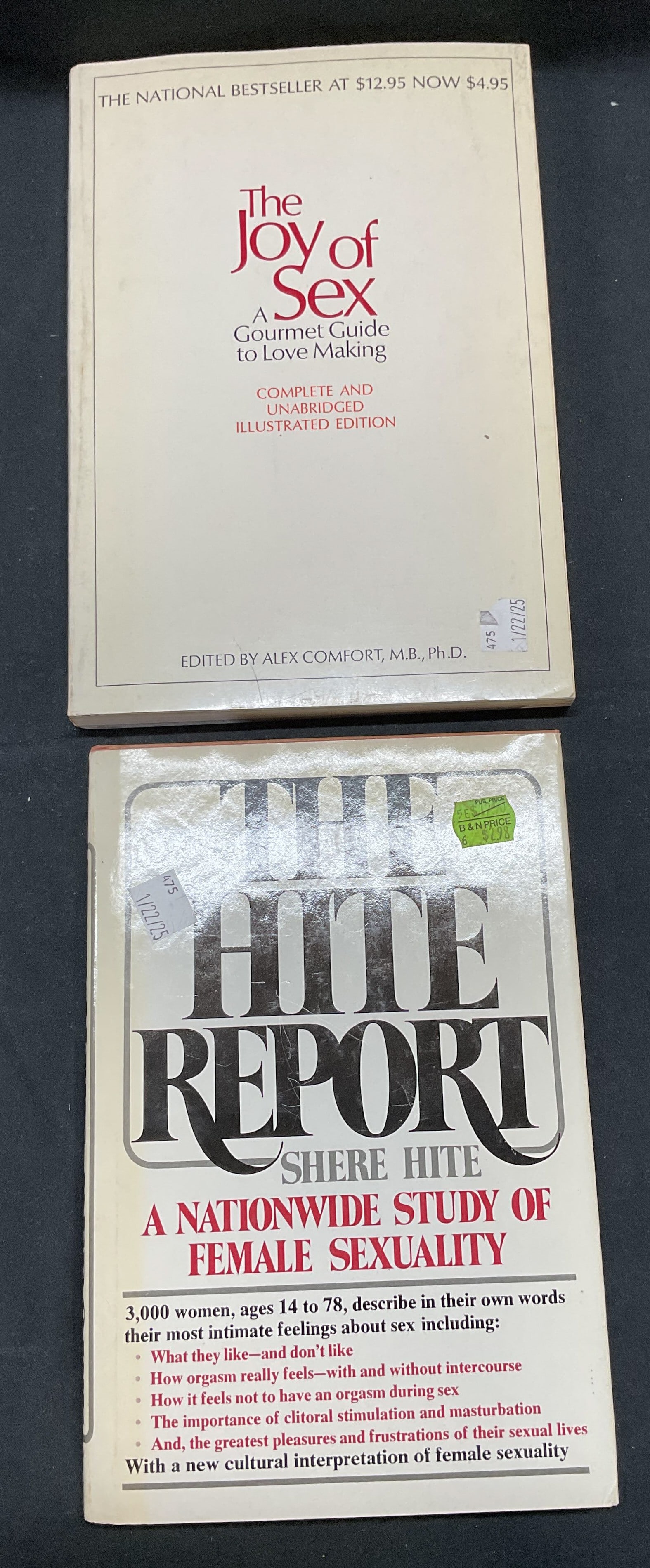 Lot 2 Hite Report & Joy of Sex, Illustrated 1972+: Hardcover copy of The Hite Report A Nationwide Study of Female Sexuality by Shere Hite. Published by Macmillan, 1976. Softcover copy of The Joy of Sex A Gourmet Guide to Lovemaking by Alex Comfort. Co