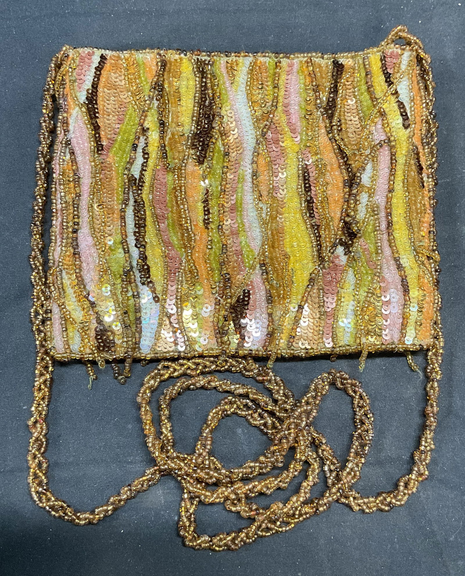 Vtg Pierre Urbach Santi Beaded Silk Handbag: Vintage Pierre Urbach by Santi beaded silk handbag in tan, yellow, pink, and green. Signed on interior label. Measures approx 6 x 5.25 inches. Some wear including losses observed. Pierre Urbach, Santi