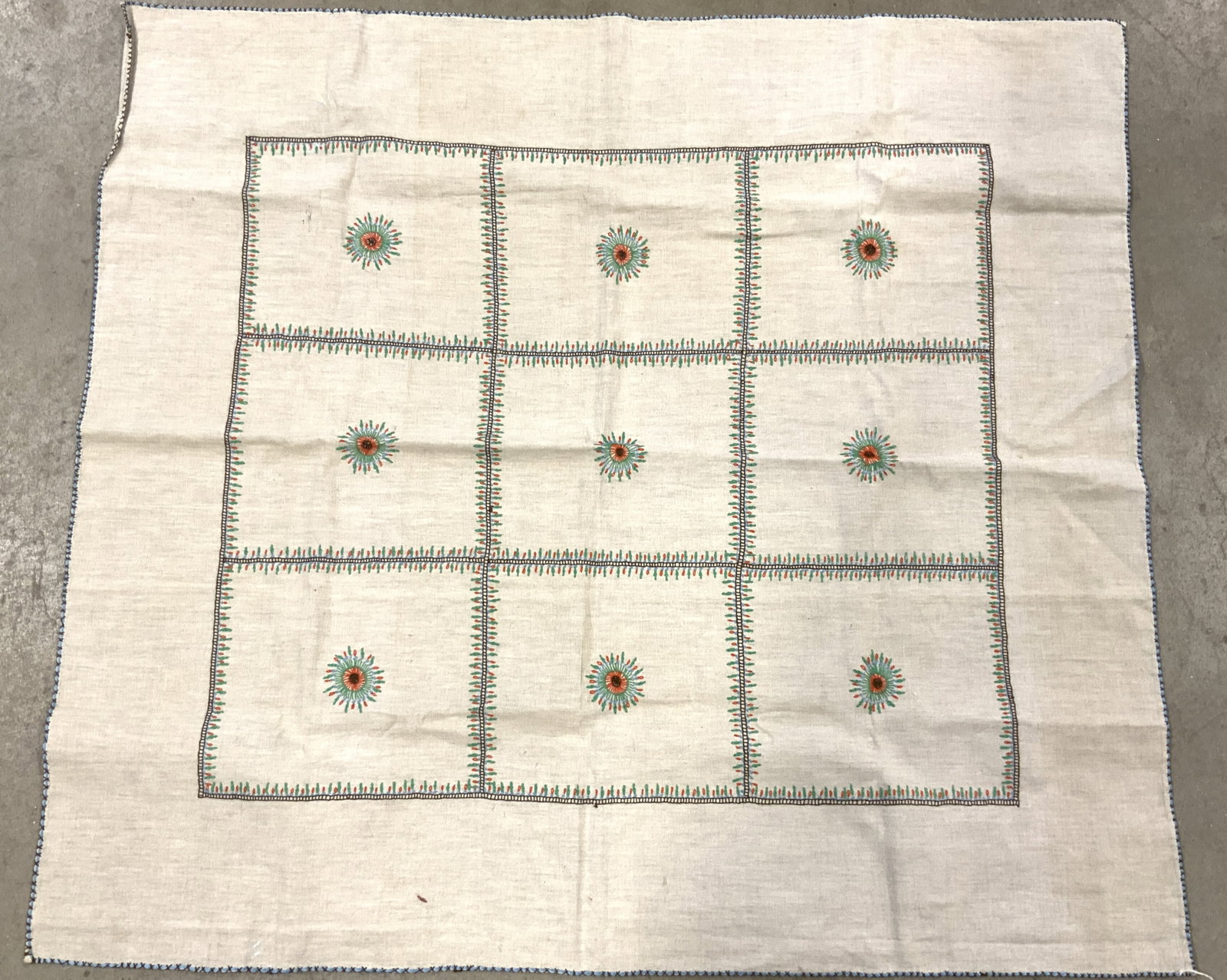 Vintage Floral & Geometric Embroidered Tapestry: Tapestry is vintage. Piece has multi toned floral and geometric detail Measures approx 41 inches long 37 inches wide. Tapestry, vintage tapestry, embroidery, vintage embroidery, decorative arts. Evide