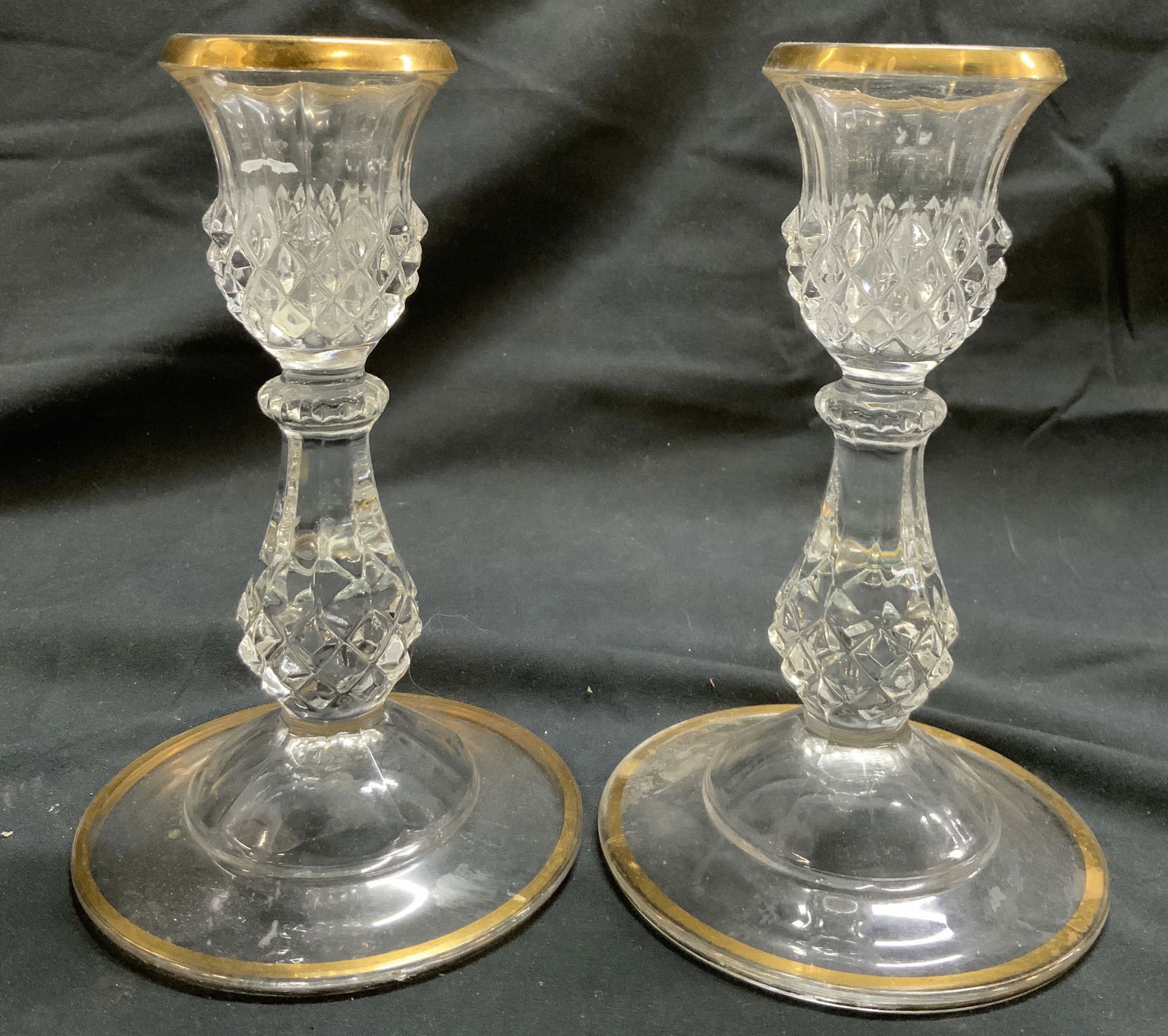 Pair Pressed Glass Candlesticks W Gilt Detail (1 of 6)