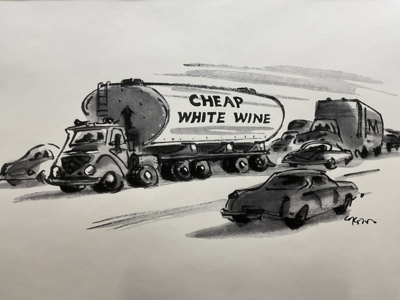 Lee Lorenz White Wine New Yorker Cartoon Print: Lee Lorenz matted print. New Yorker cartoon, cover from December 25,1978 issue. Truck and cars on highway. Reads Cheap White Wine. Artist signature in print at lower right. Mat measures approx 24 x 30