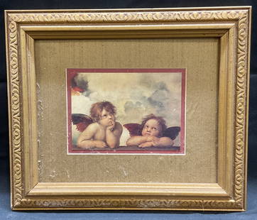 Framed Raphael Cherubs Lithograph: Framed and matted Lithograph with artwork by Raphael. Detail from Sistine Madonna. Two cherubs. Framed in gilt wood frame. Not examined out of frame. Measures approx 10.75 x 12.5 inches (frame). Some