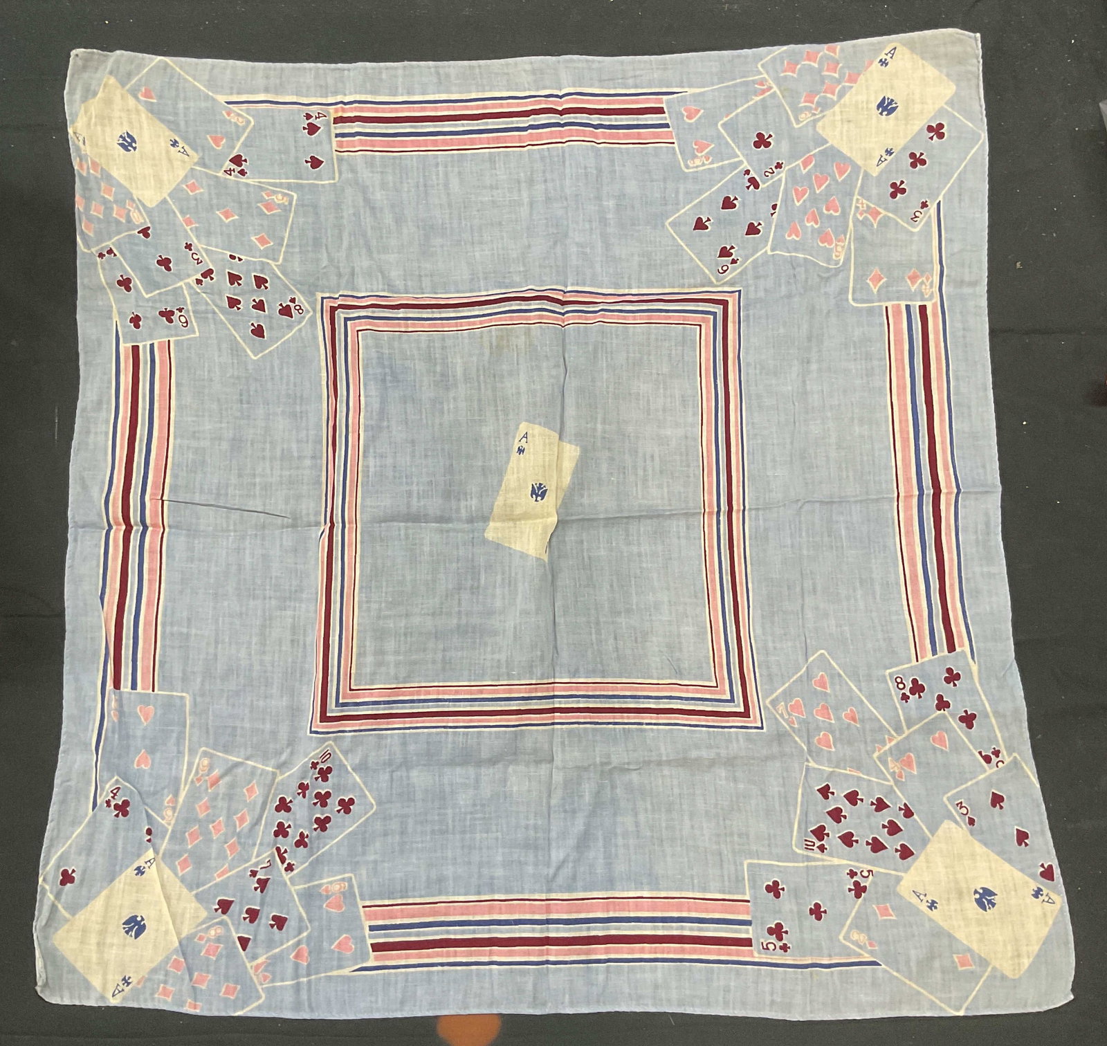 Vintage Blue Playing Card Print Scarf: Vintage scarf with playing card print in blue. Feels like cotton. Measures approx 25 x 25 inches. Some wear including blemishes observed. Scarf, blue scarf, playing card scarf, poker scarf, cotton sca
