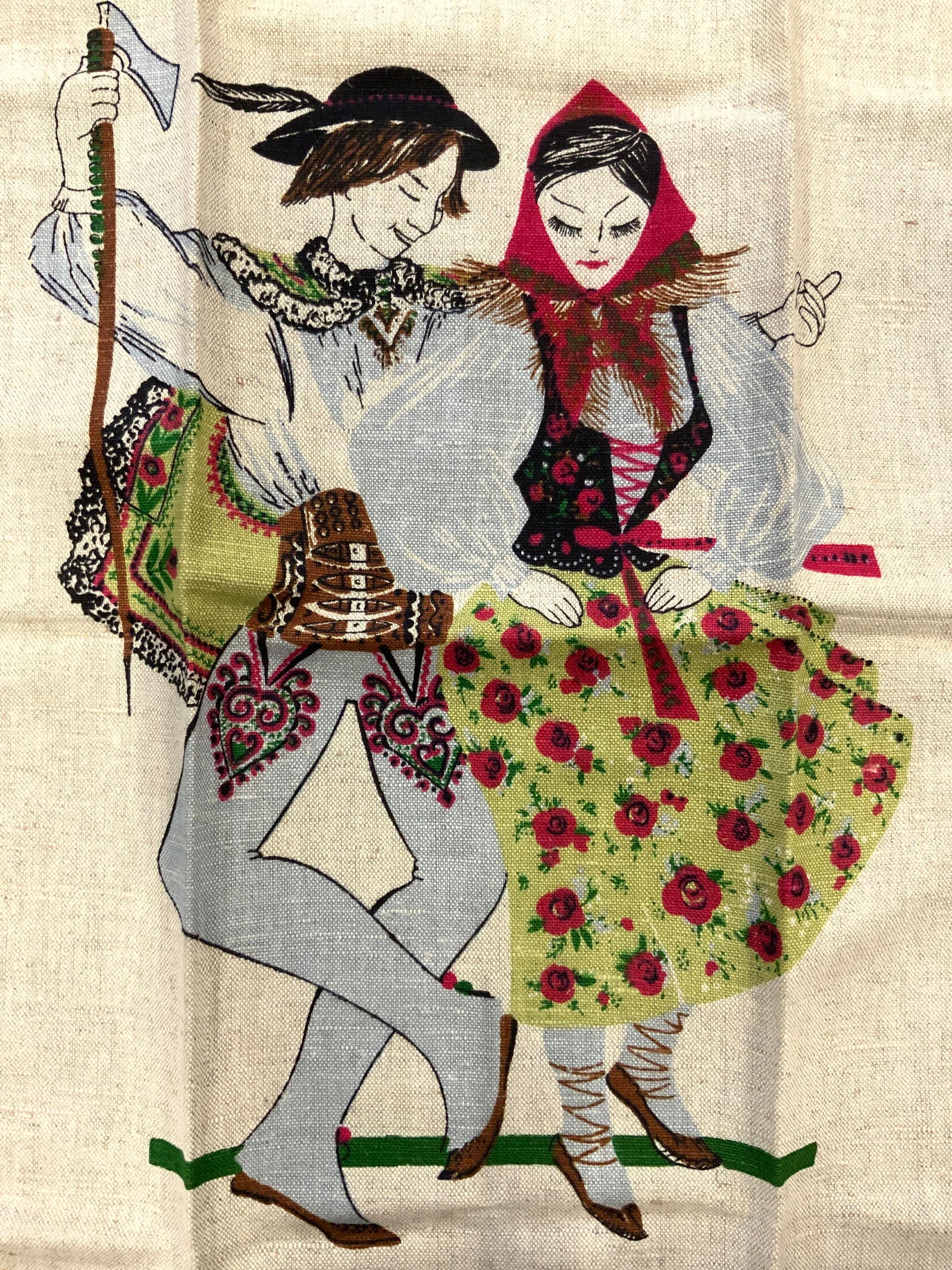 POLISH LINEN Vntg Tea Towel Table Linen: Tea towel reads POLISH LINEN in lower right corner. Piece has depiction of male and female figure dancing. Upper and lower areas each have multi toned pattern detail. Appears to be crafted from canvas