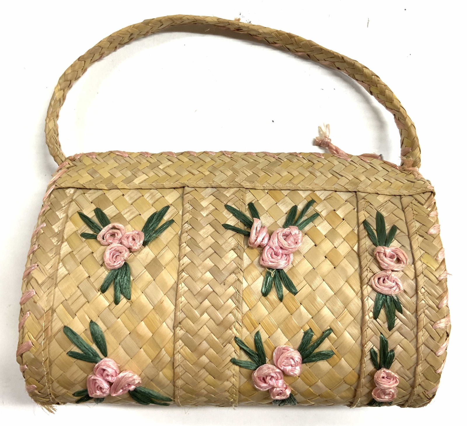 Vntg Woven Straw Beach Handbag W Floral Detail (1 of 6)