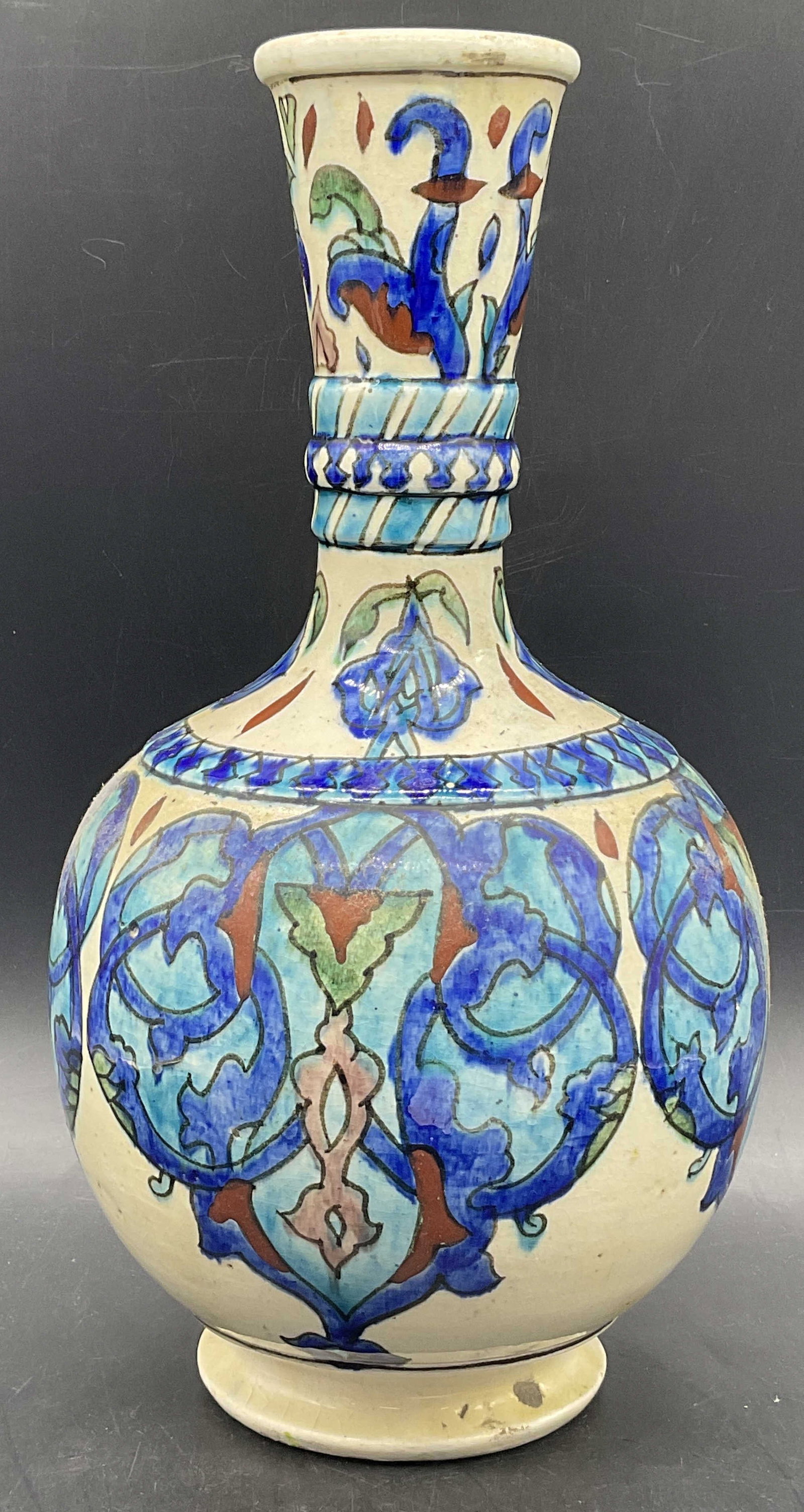 Vintage Hand Painted Pottery Vase: Vintage Hand Painted Pottery Vase. Painted blue, green, and earth toned hues. Measures approx. 12H x 6W in. Chipping, pitting, crazing, surface wear, and residue present. home decor, home accents, hom