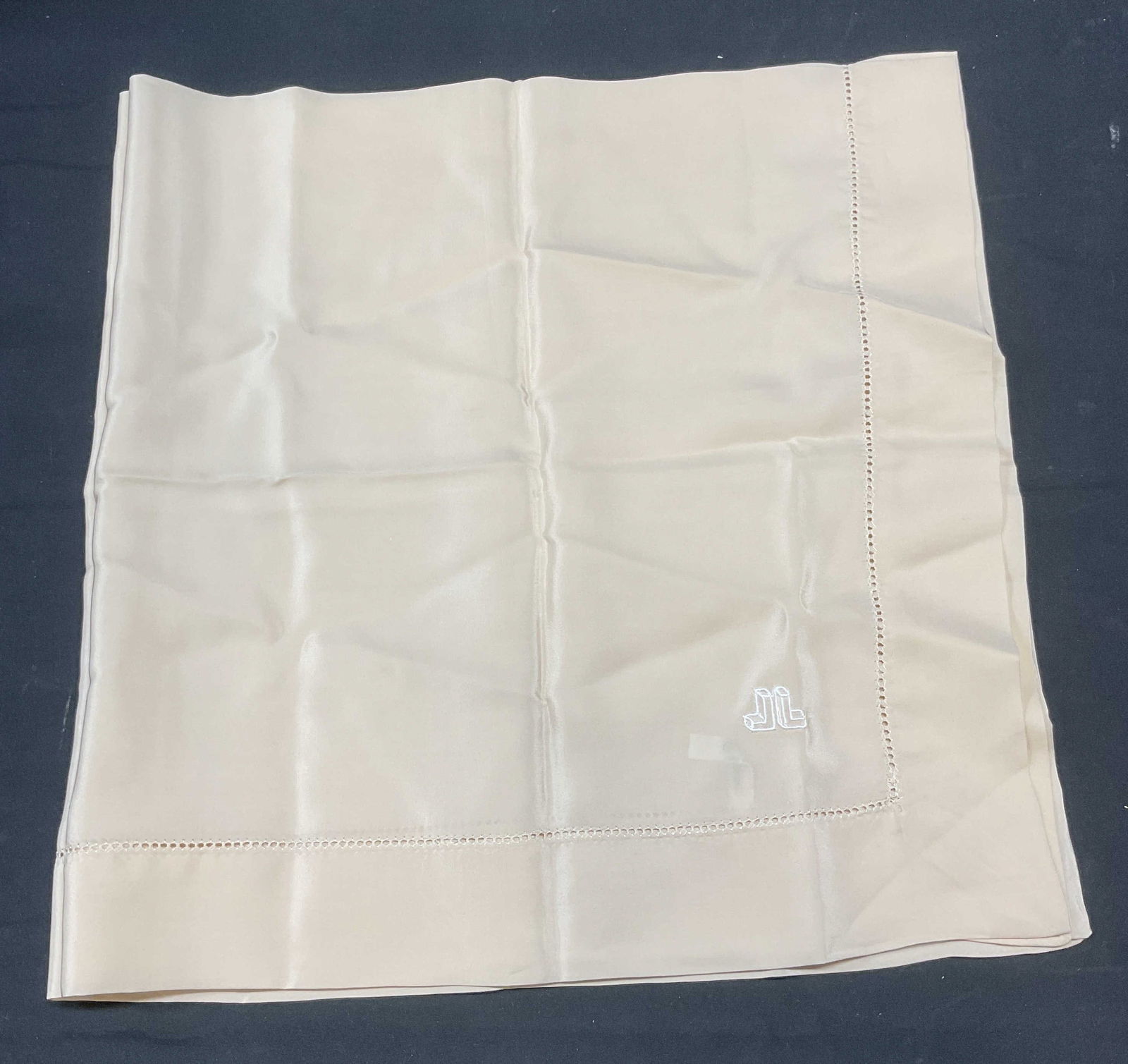 Vintage Beige Silk Scarf, France: Vintage beige silk scarf with embroidered monogram JL. Made in France. Measures approx 31 x 31 inches. Some wear including blemishes. Scarf, silk scarf, beige scarf, vintage scarf, wearables, accessor