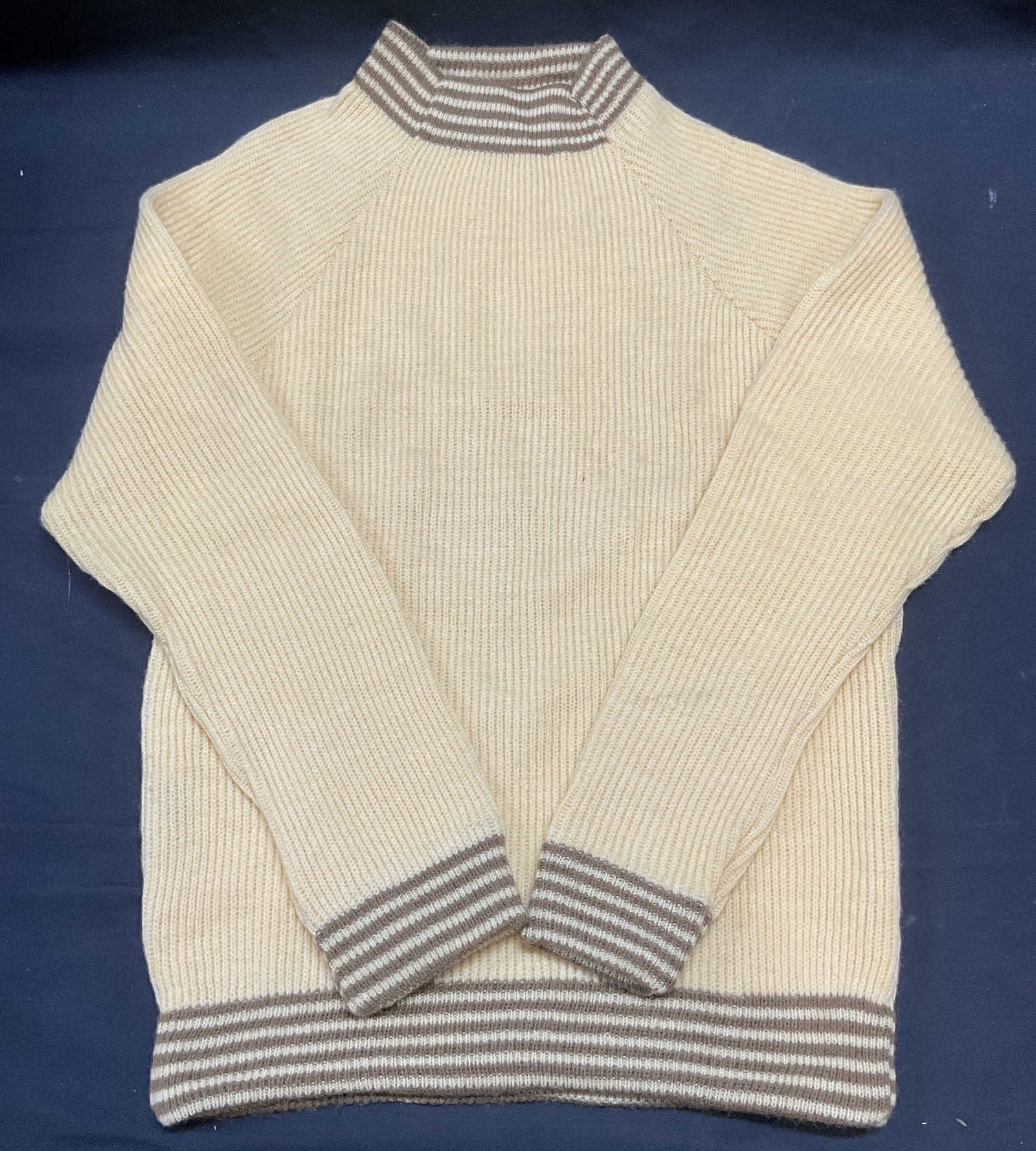 Vintage Yellow Striped Orlon Sweater: Vintage yellow striped trim sweater. Orlon acrylic. Measures approx 15 inches across chest. Some wear to material consistent with exposure. Sweater, ladies sweater, vintage sweater, Orlon sweater, yel