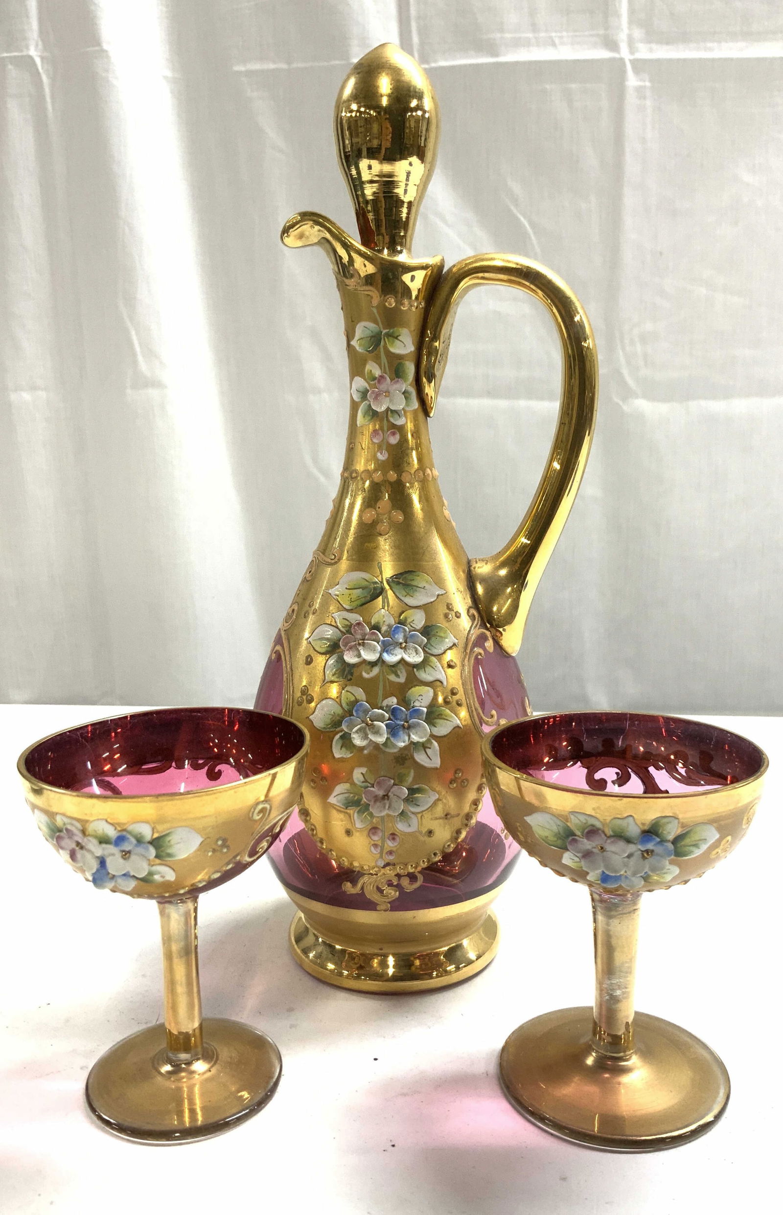 3pc Bohemian Cranberry & Gilt Art Gls Decanter Set (1 of 9)
