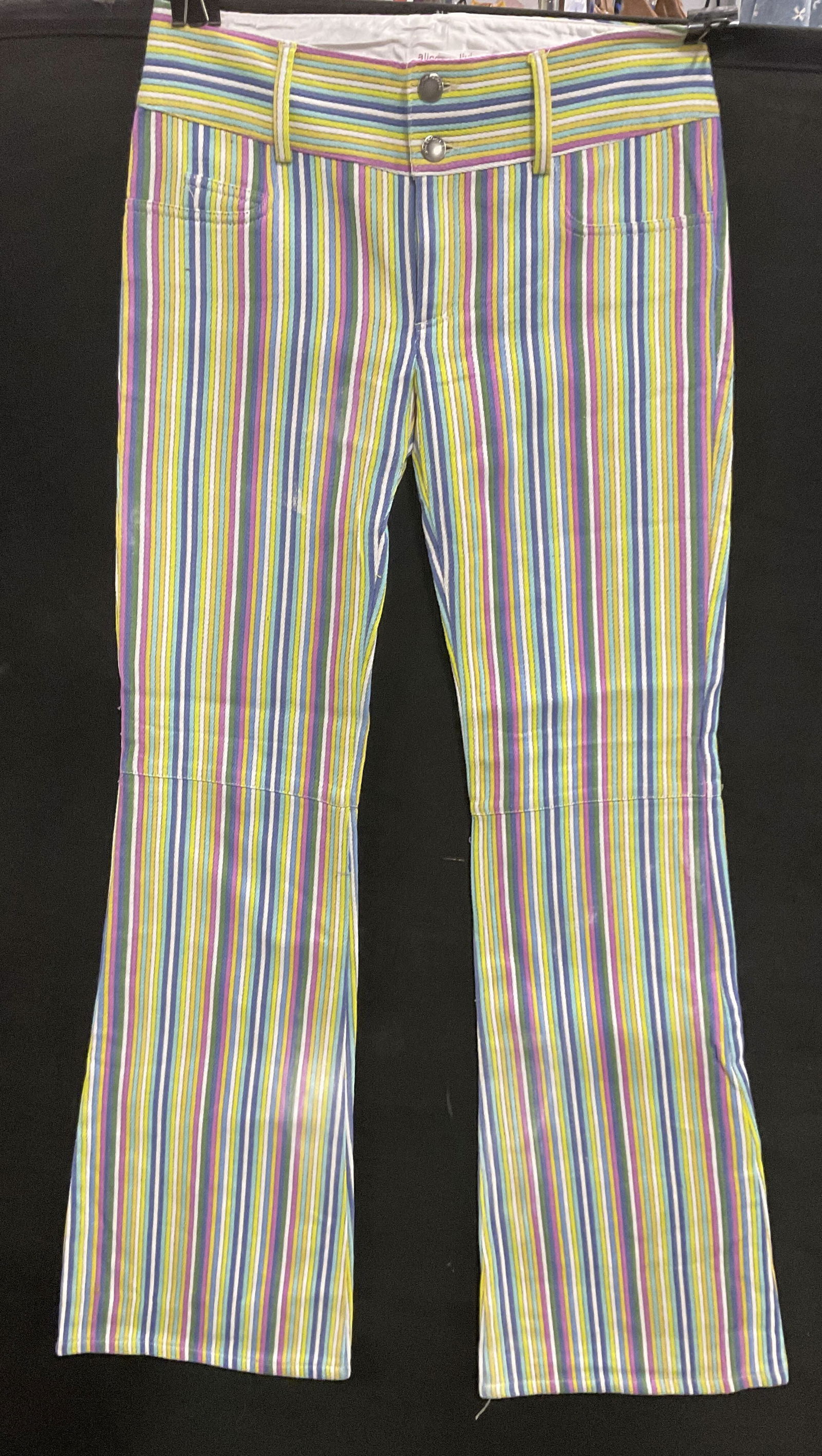 ALICE + OLIVIA Multicolored Striped Pants: ALICE + OLIVIA Multicolored Striped Pants. Crafted from soft hand fabric. Pockets to reverse. Tag reads ALICE + OLIVIA, 0. Measures approx. 41 inches in length, measured flat. Discoloration and surfac