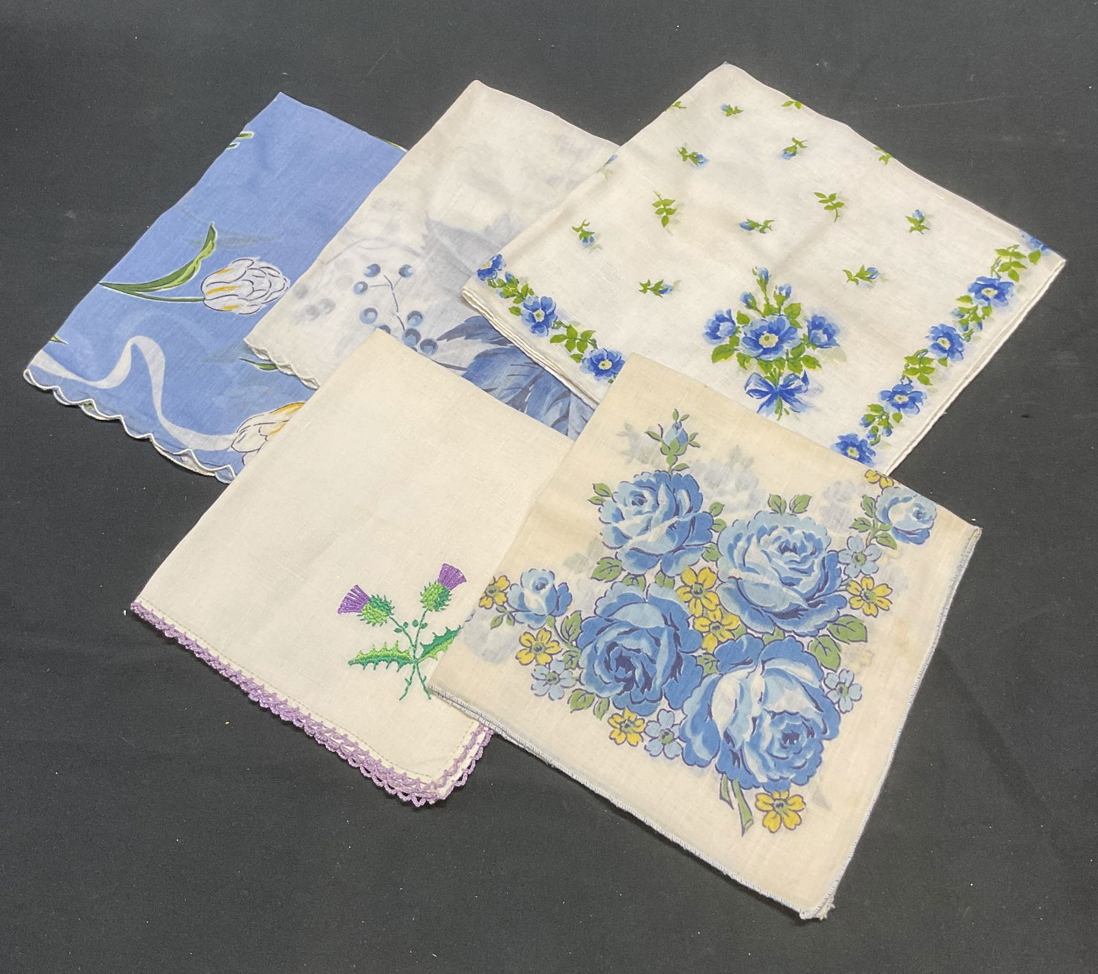 Lot 5 Vintage Blue Floral Handkerchiefs: Lot of 5 vintage floral pattern handkerchiefs. Blue, white, and purple. All feel like cotton. Largest approx 14 x 14 inches. All have wear including blemishes observed. Handkerchief, vintage handkerch