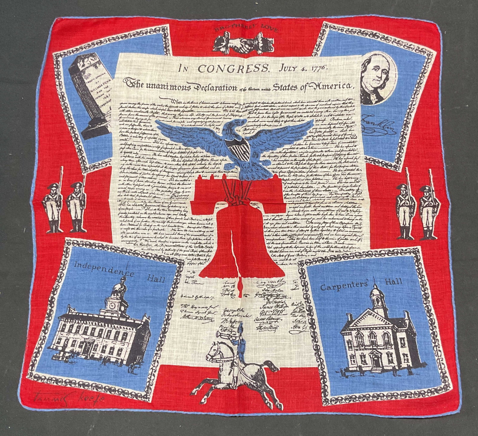 Vtg Tammis Keefe Philadelphia Souvenir Hankie: Vintage Tammis Keefe Philadelphia declaration and independence and landmark motif souvenir handkerchief. Red, white, and blue. Feels like cotton. Measures approx 13.5 x 13 inches. Some wear consistent