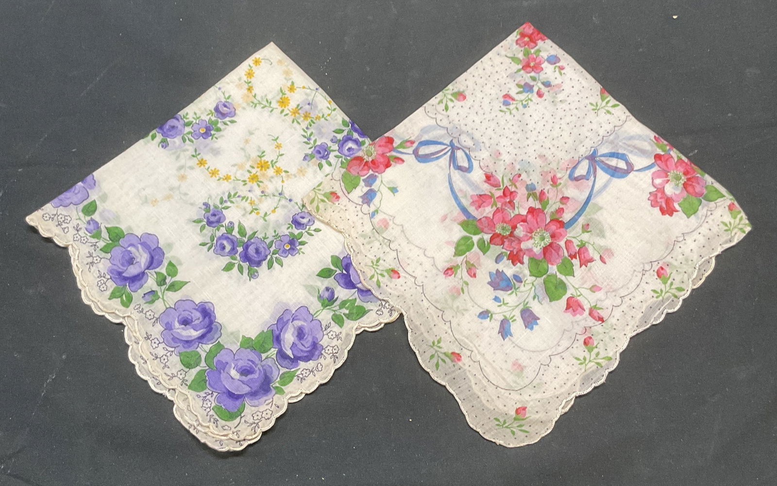 Lot 2 Vtg Pink & Purple Floral Handkerchiefs: Lot of 2 Vintage floral print handkerchief in pink and purple. Feel like cotton. Measure approx 14 x 14 inches. Both have wear including blemishes observed. Handkerchief, vintage handkerchief, collect