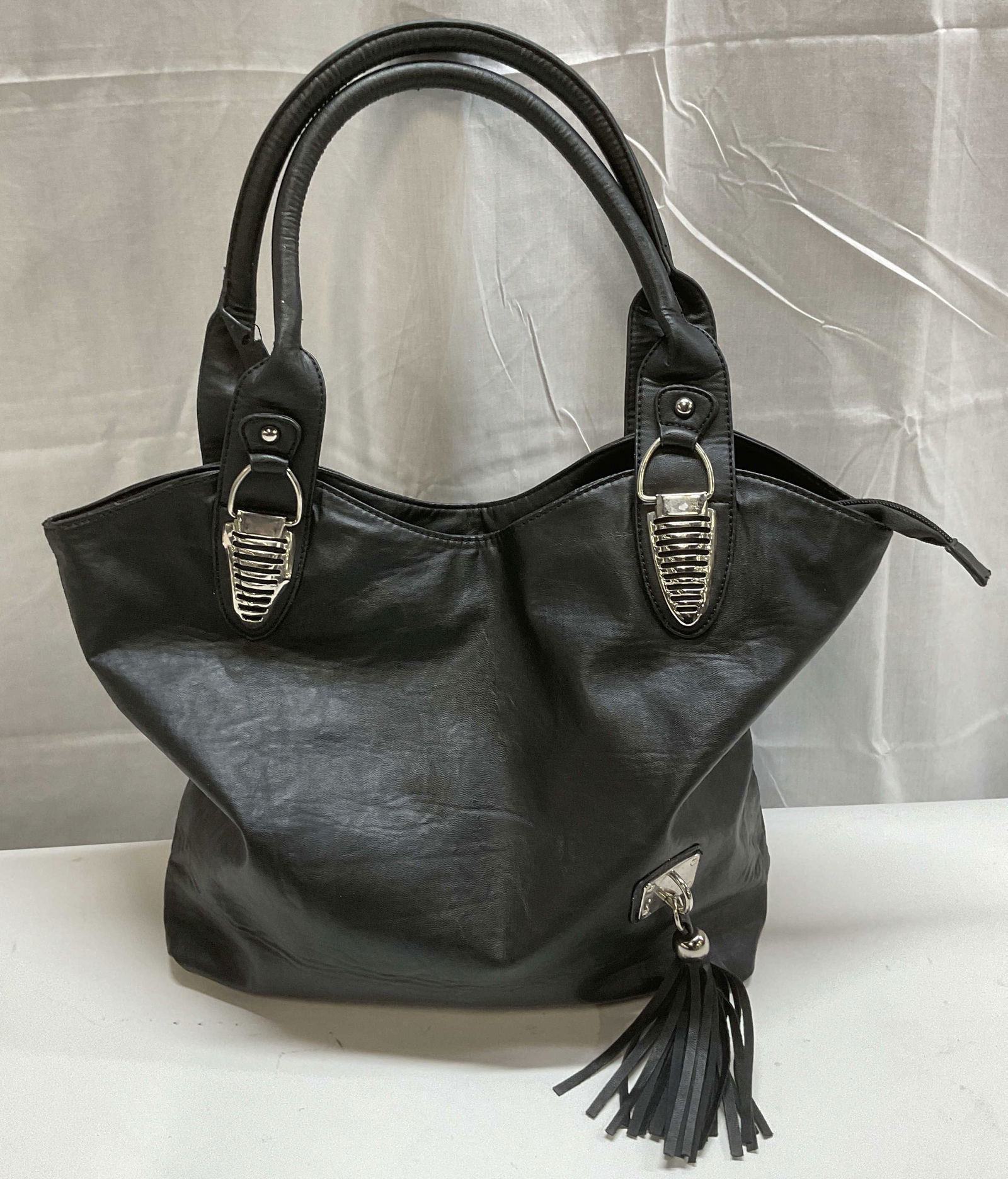 Black Faux Leather Tassel Handbag (1 of 6)