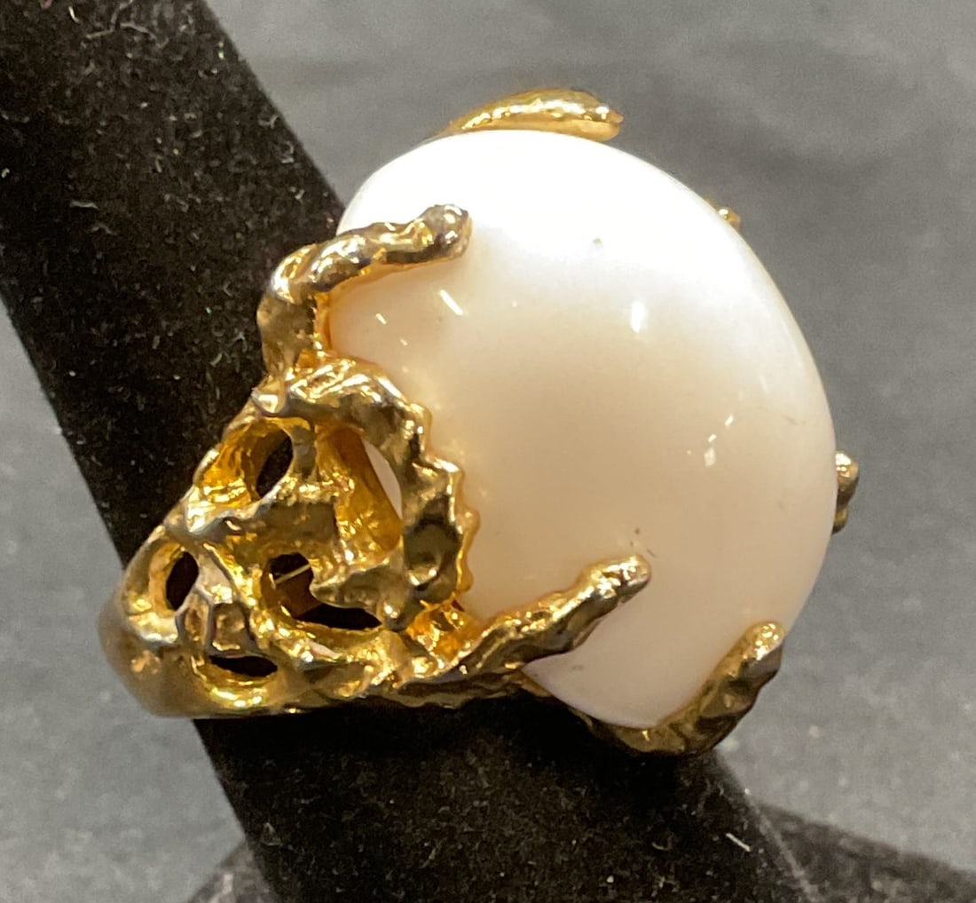 Gold Tone White Lucite Cabochon Cocktail Ring (1 of 6)