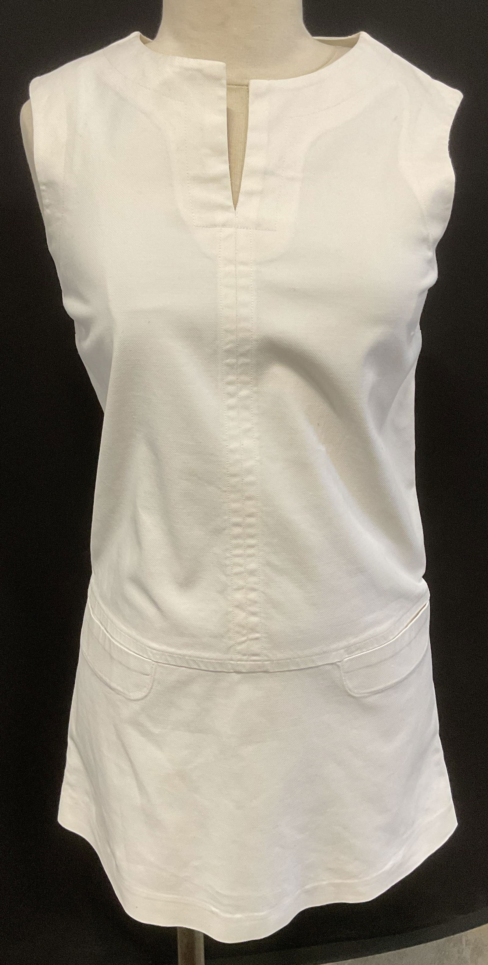 Jil Sander White Cotton Shift Dress, Italy: Jil Sander white sleeveless shift dress. Made in Italy. Size 34. Cotton and elastane blend. Gently worn. Some discoloration under arms and around collar. Jil sander, Jil sander dress, luxury dress, la