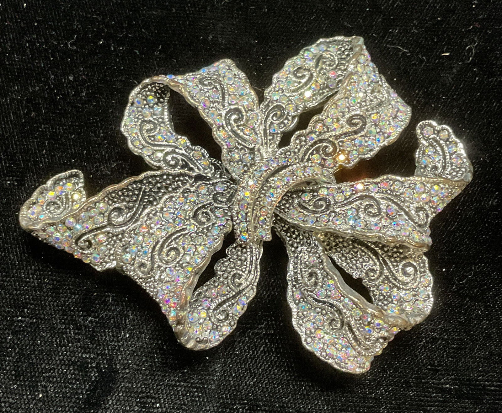 Sgn Silver Tn Crystal Ribbon Bow Brooch 3In W (1 of 6)