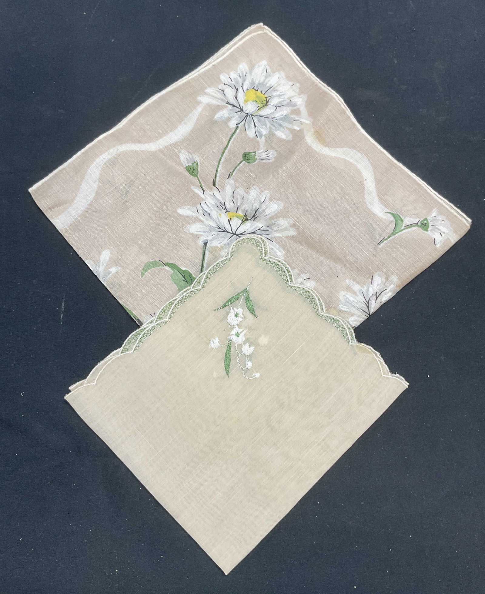 Lot 2 Vintage Beige Floral Handkerchiefs: Lot of 2 vintage beige floral pattern handkerchiefs. Feels like cotton. Larger measures approx 14 x 14 inches. Some wear to each including blemishes observed. Handkerchief, vintage handkerchief, colle
